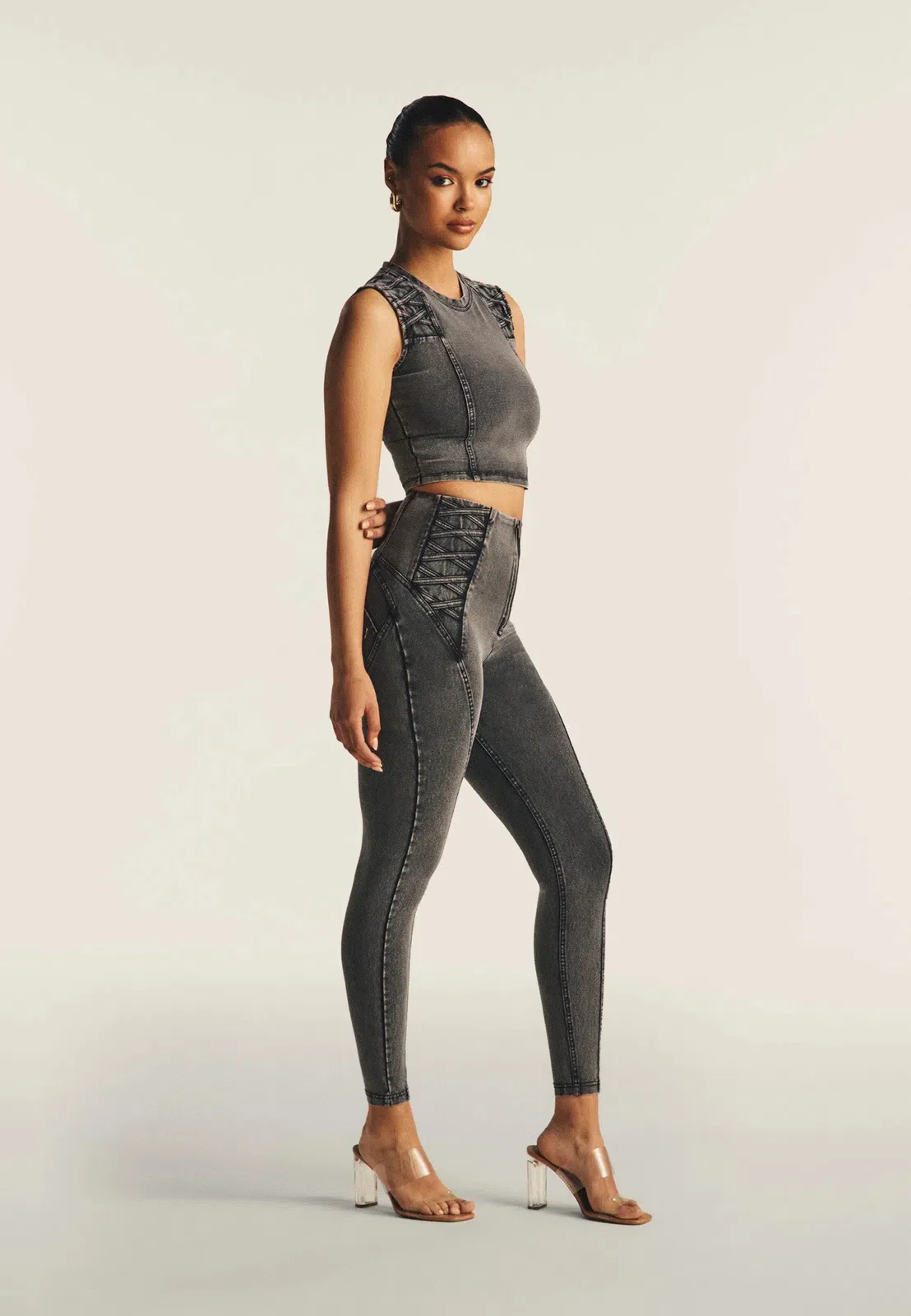Cropped Tank Criss Cross Detail - Dark Grey Denim - Image 5