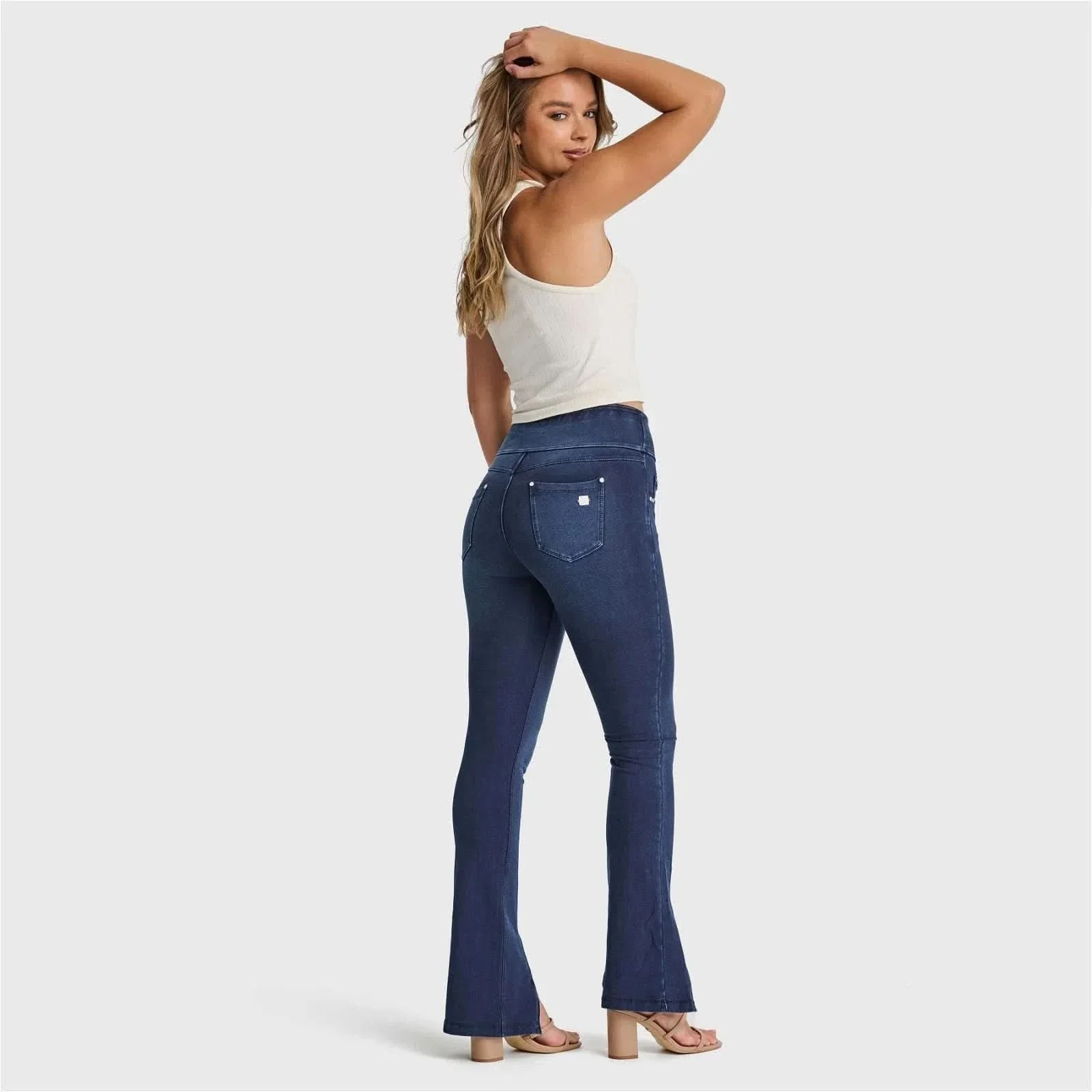 N.O.W® Denim - High Waisted - 7/8 Flare - Dark Blue + Blue Stitching - Image 4
