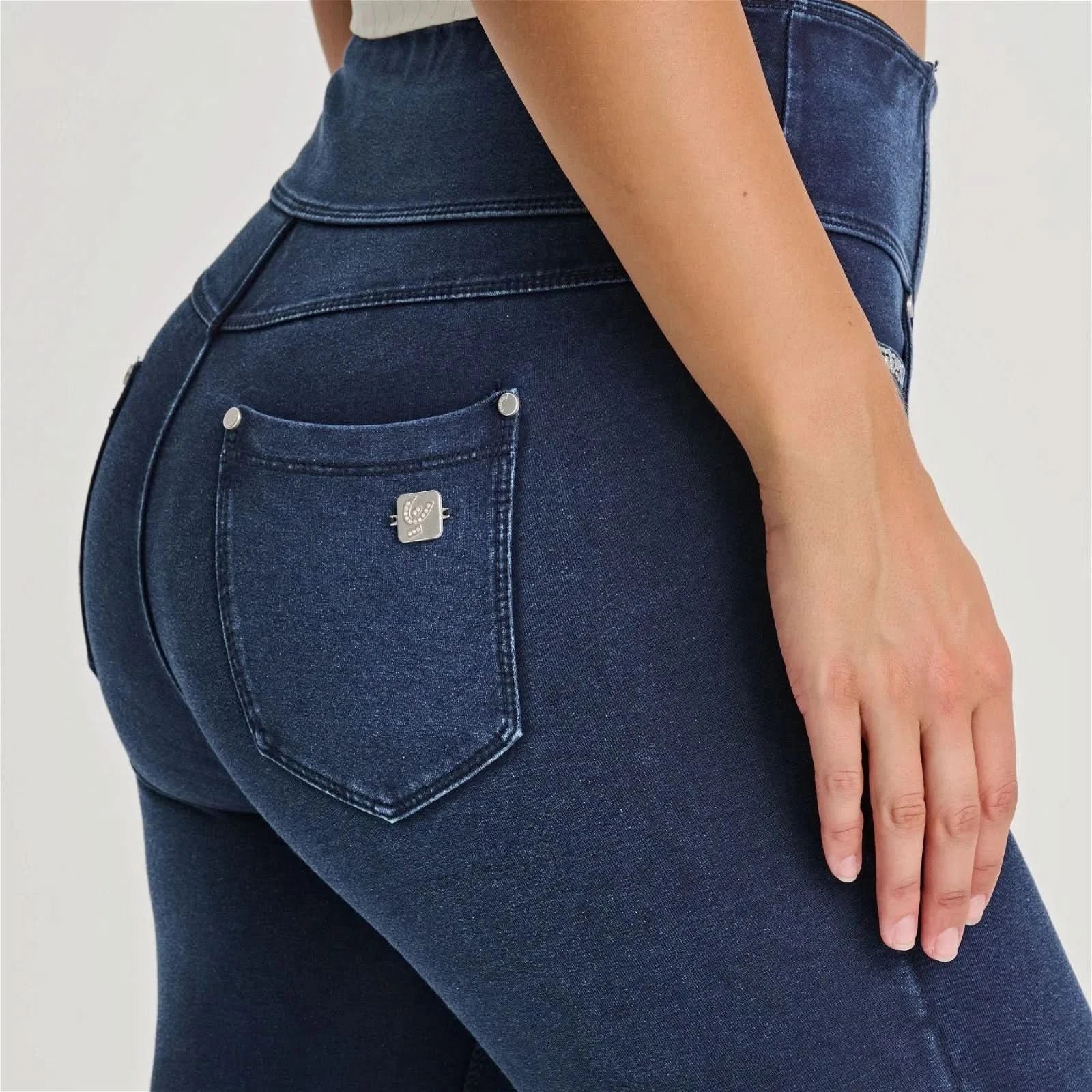 N.O.W® Denim - High Waisted - 7/8 Flare - Dark Blue + Blue Stitching - Image 5