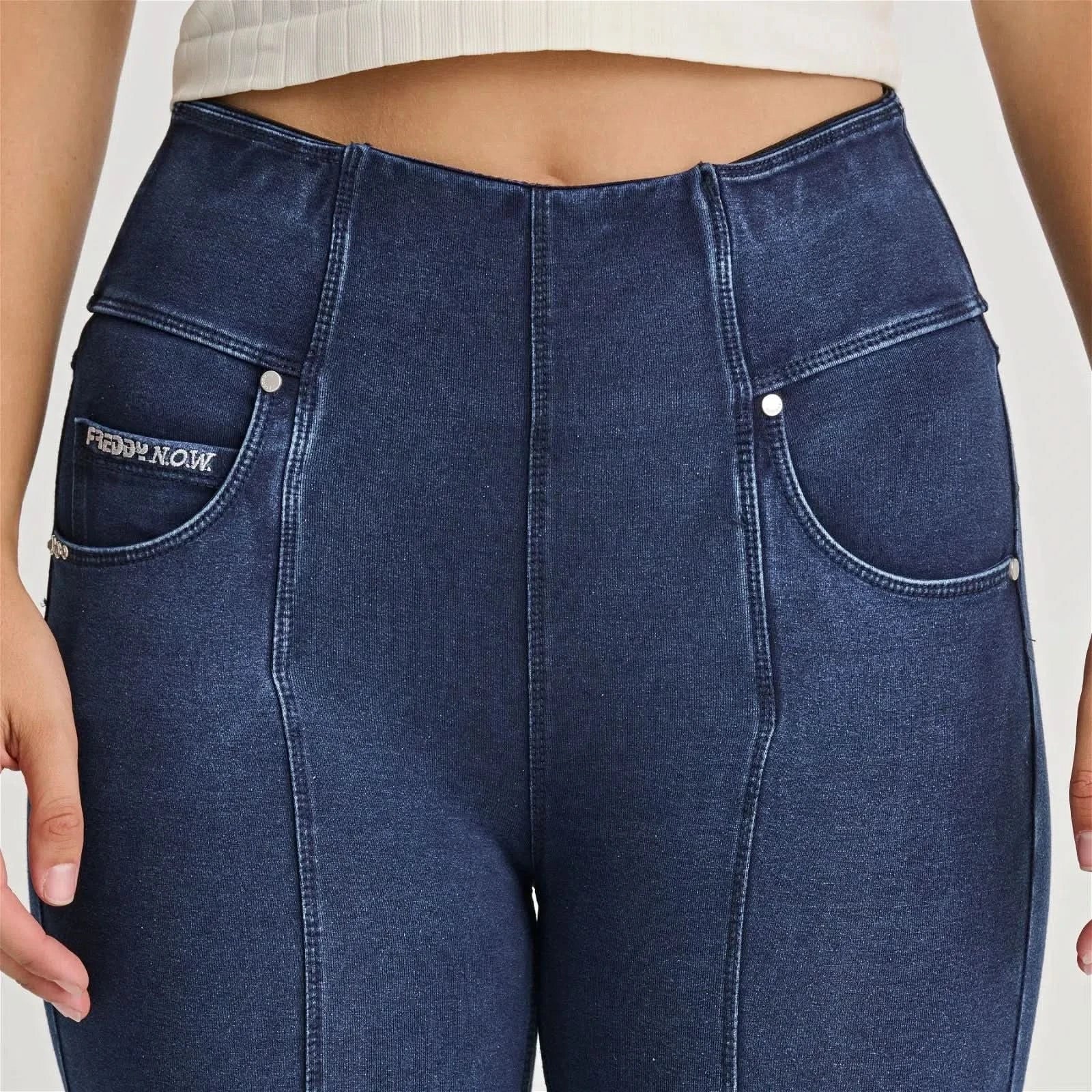 N.O.W® Denim - High Waisted - 7/8 Flare - Dark Blue + Blue Stitching - Image 6