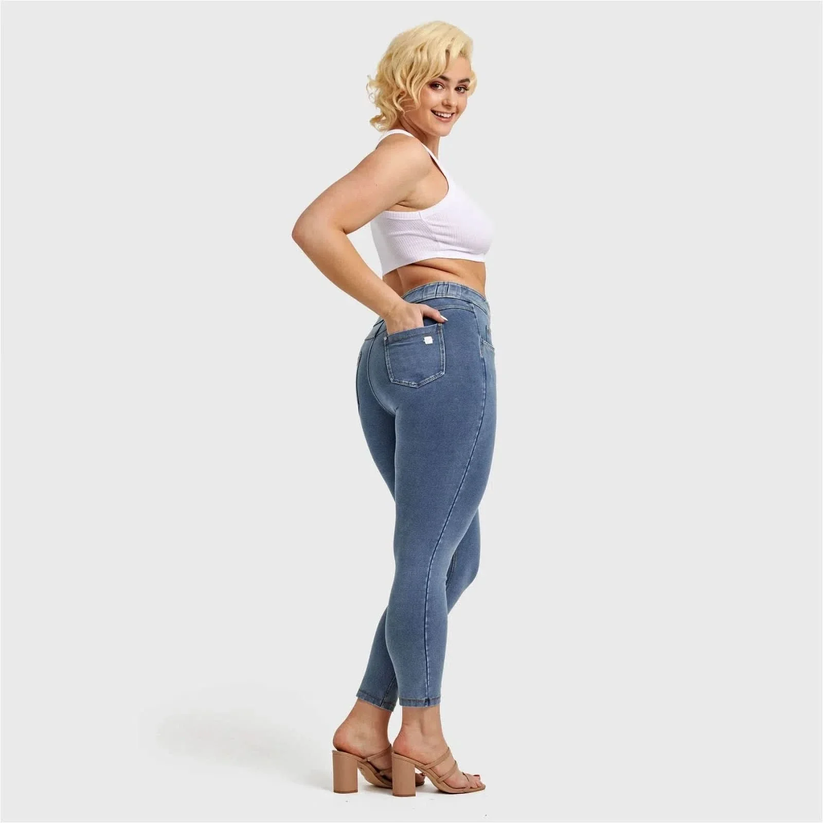 N.O.W® Denim - High Waisted - 7/8 Length - Light Blue + Yellow Stitching - Image 18
