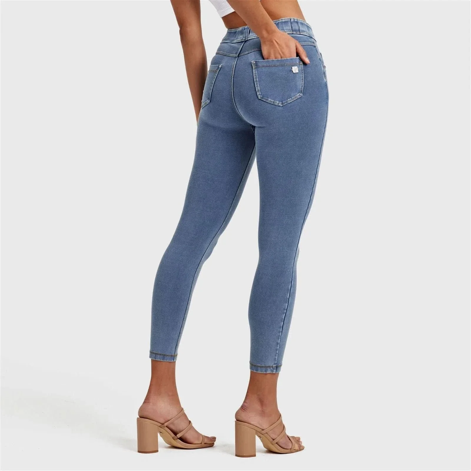 N.O.W® Denim - High Waisted - 7/8 Length - Light Blue + Yellow Stitching - Image 13