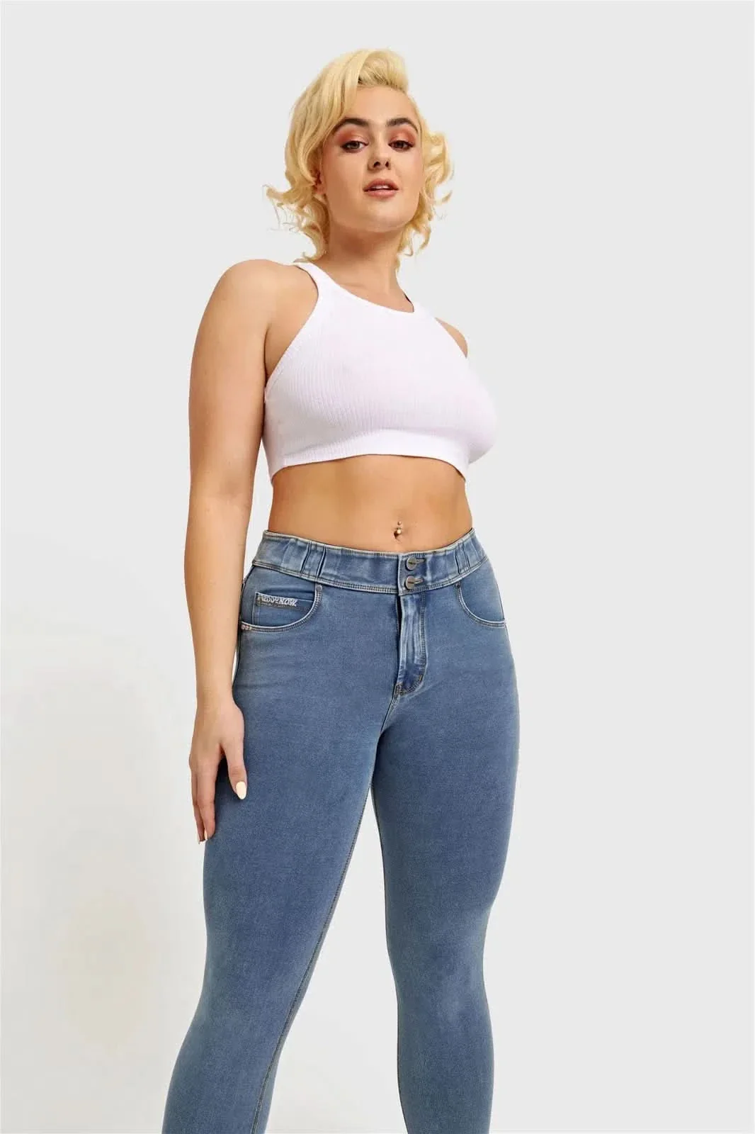 N.O.W® Denim - High Waisted - 7/8 Length - Light Blue + Yellow Stitching - Image 16