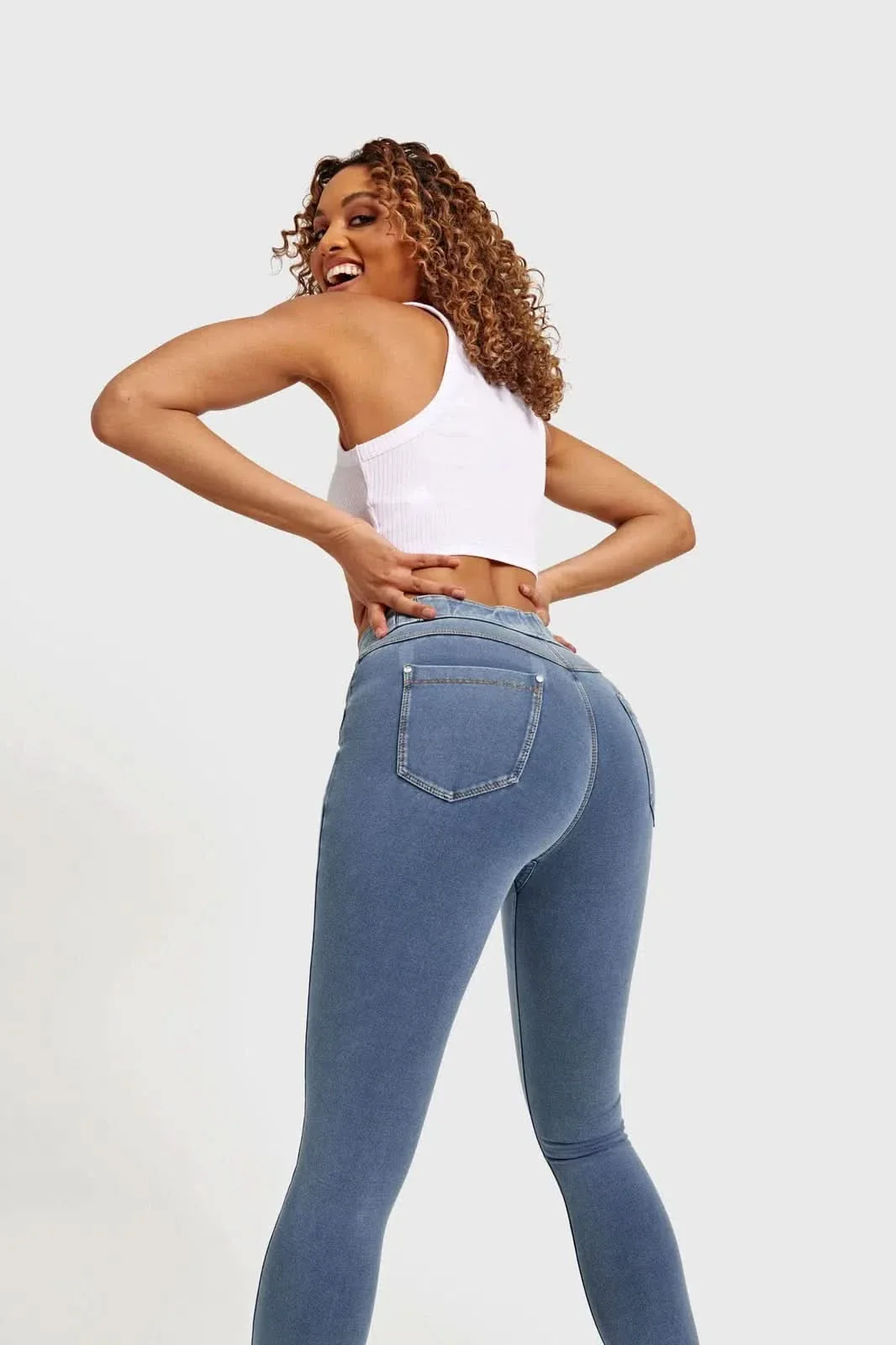 N.O.W® Denim - High Waisted - 7/8 Length - Light Blue + Yellow Stitching - Image 6