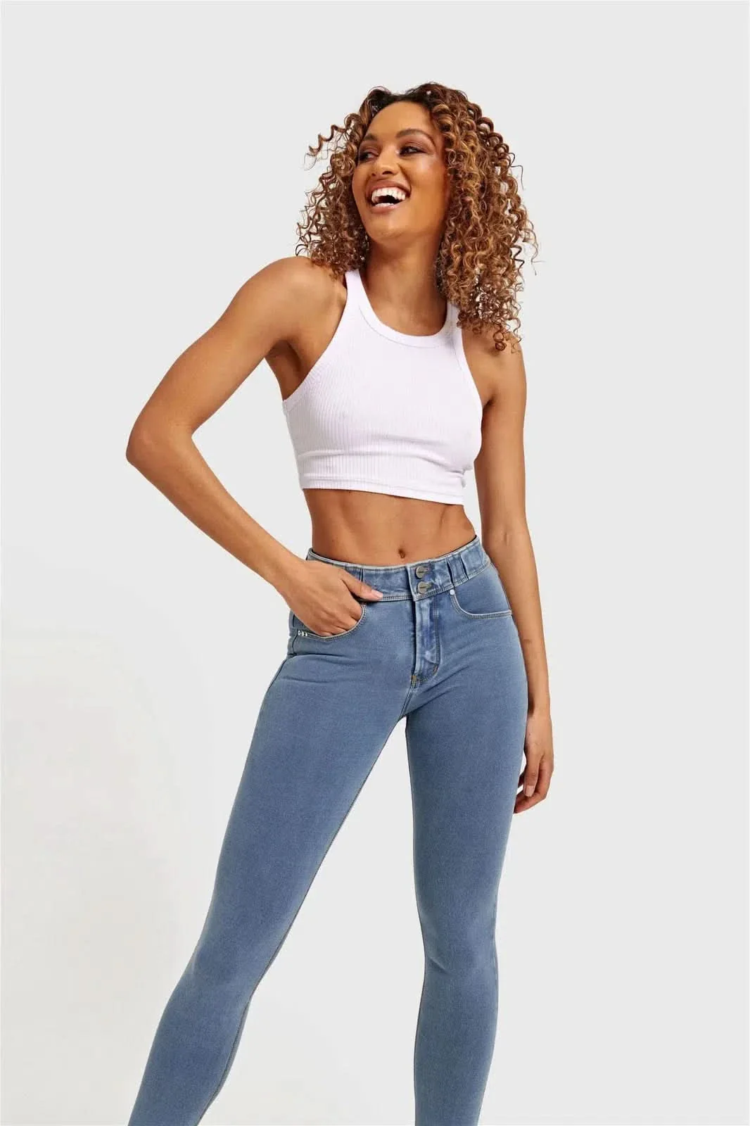 N.O.W® Denim - High Waisted - Full Length - Light Blue + Yellow Stitching - Image 3