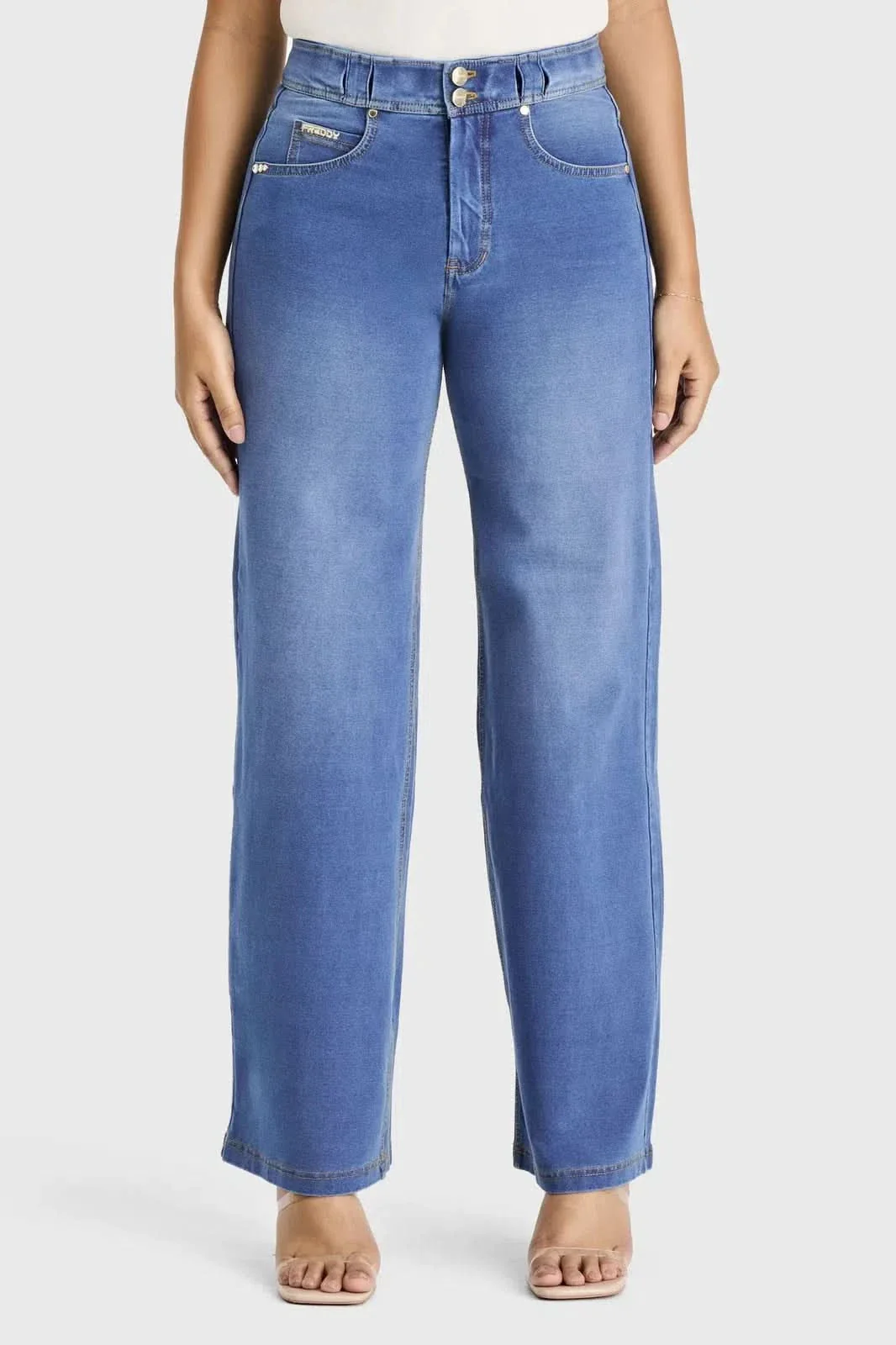 N.O.W® Denim Limited Edition - High Waisted - Wide Leg - Light Blue + Yellow Stitching - Image 4