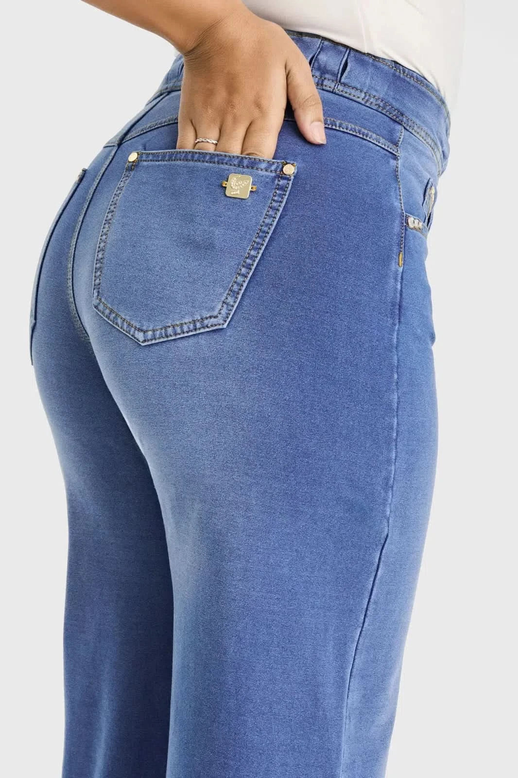 N.O.W® Denim Limited Edition - High Waisted - Wide Leg - Light Blue + Yellow Stitching - Image 7