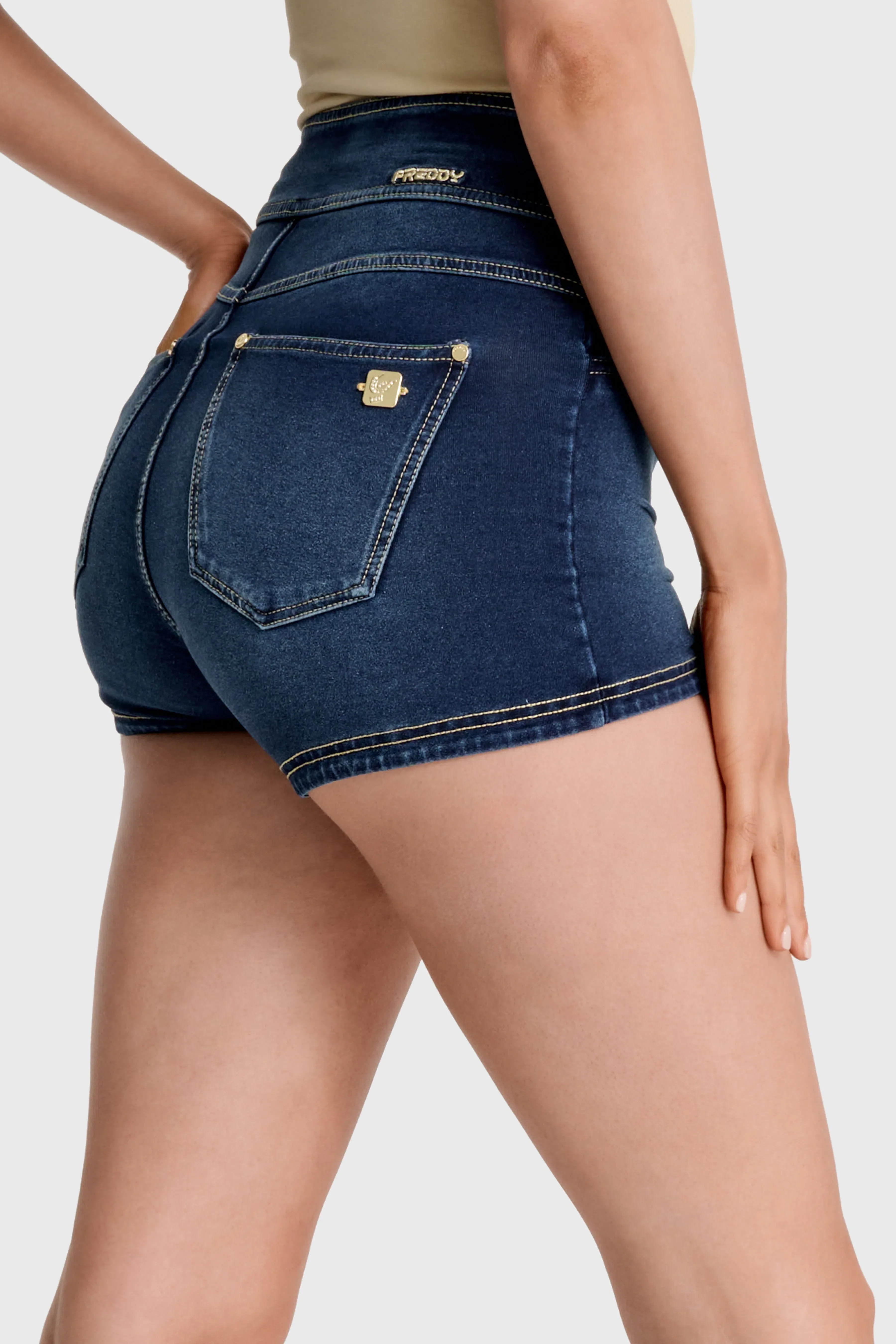 NOW Denim - High Waisted - Shorts - Dark Blue + Beige Stitching - Image 7