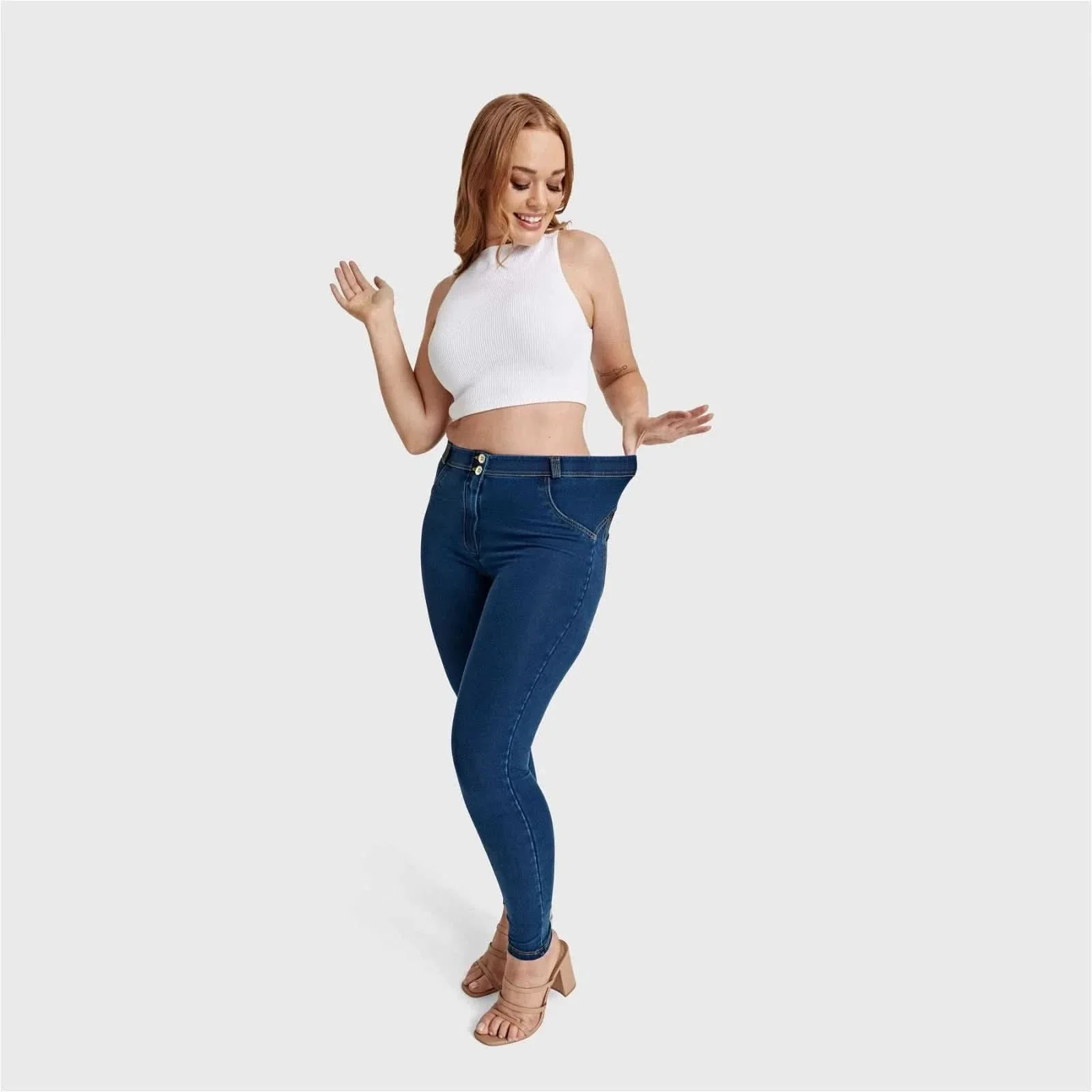 WRUP Curvy Denim - High Waisted - Full Length - Dark Blue + Yellow Stitching - Image 6