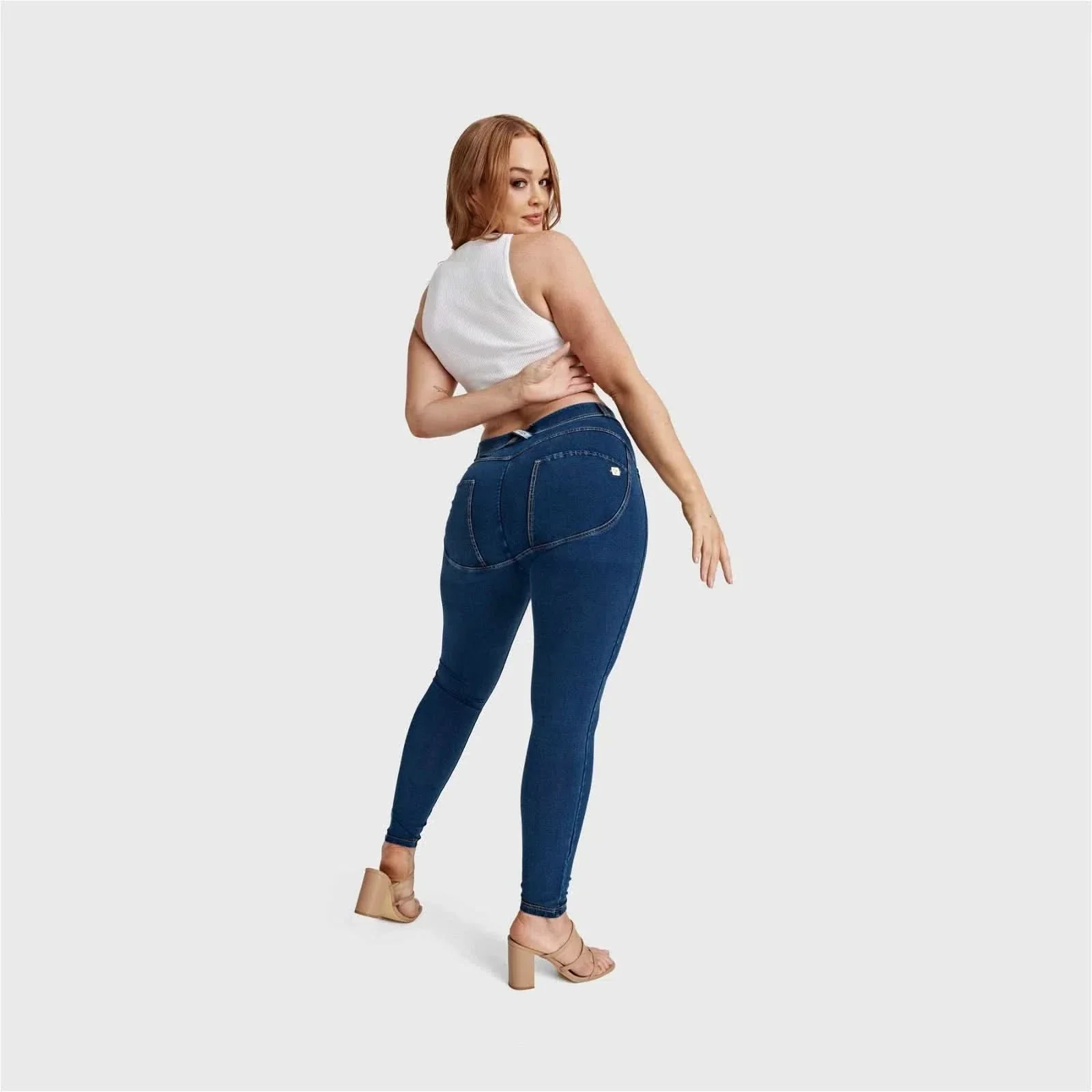 WRUP Curvy Denim - High Waisted - Full Length - Dark Blue + Yellow Stitching - Image 8