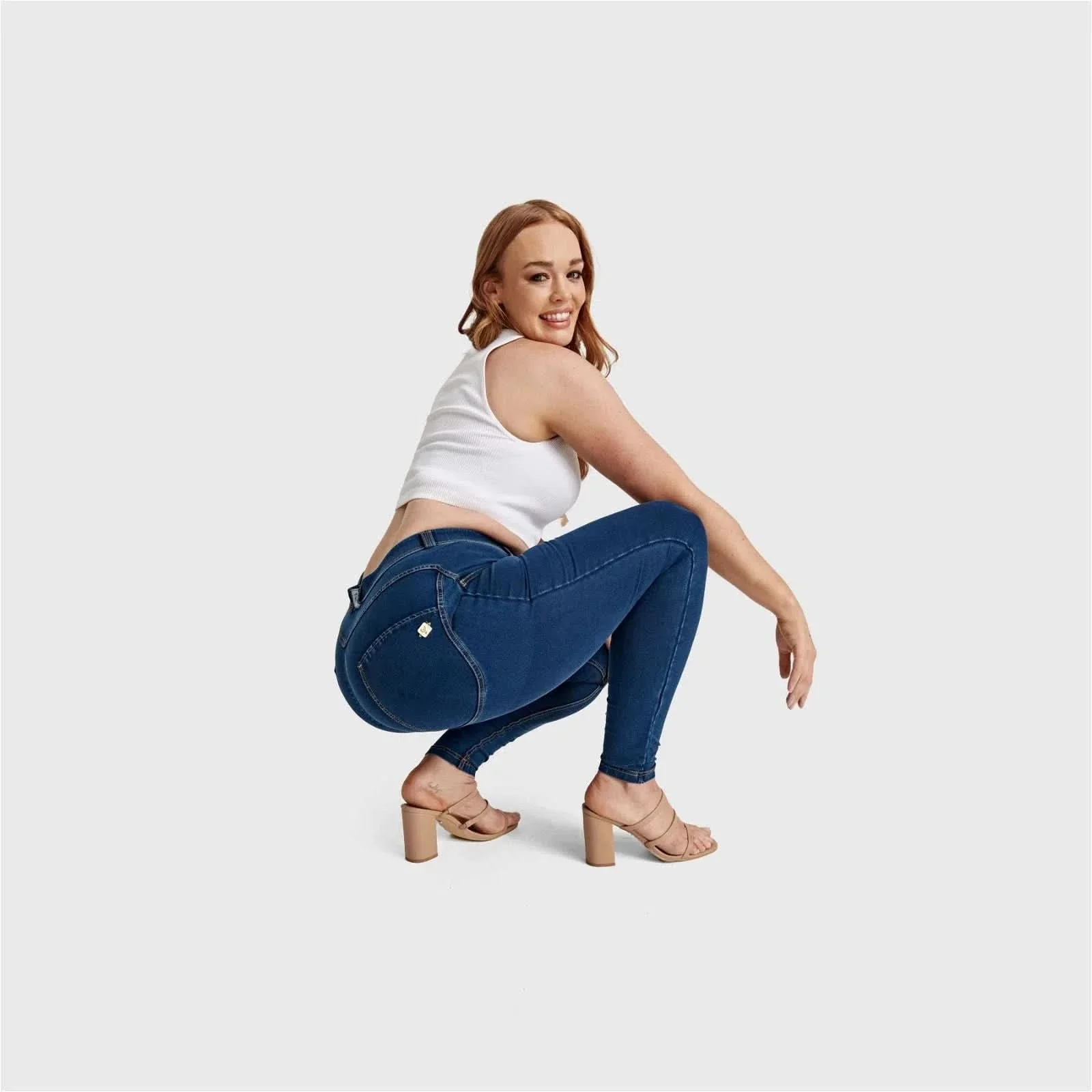 WRUP Curvy Denim - High Waisted - Full Length - Dark Blue + Yellow Stitching - Image 9