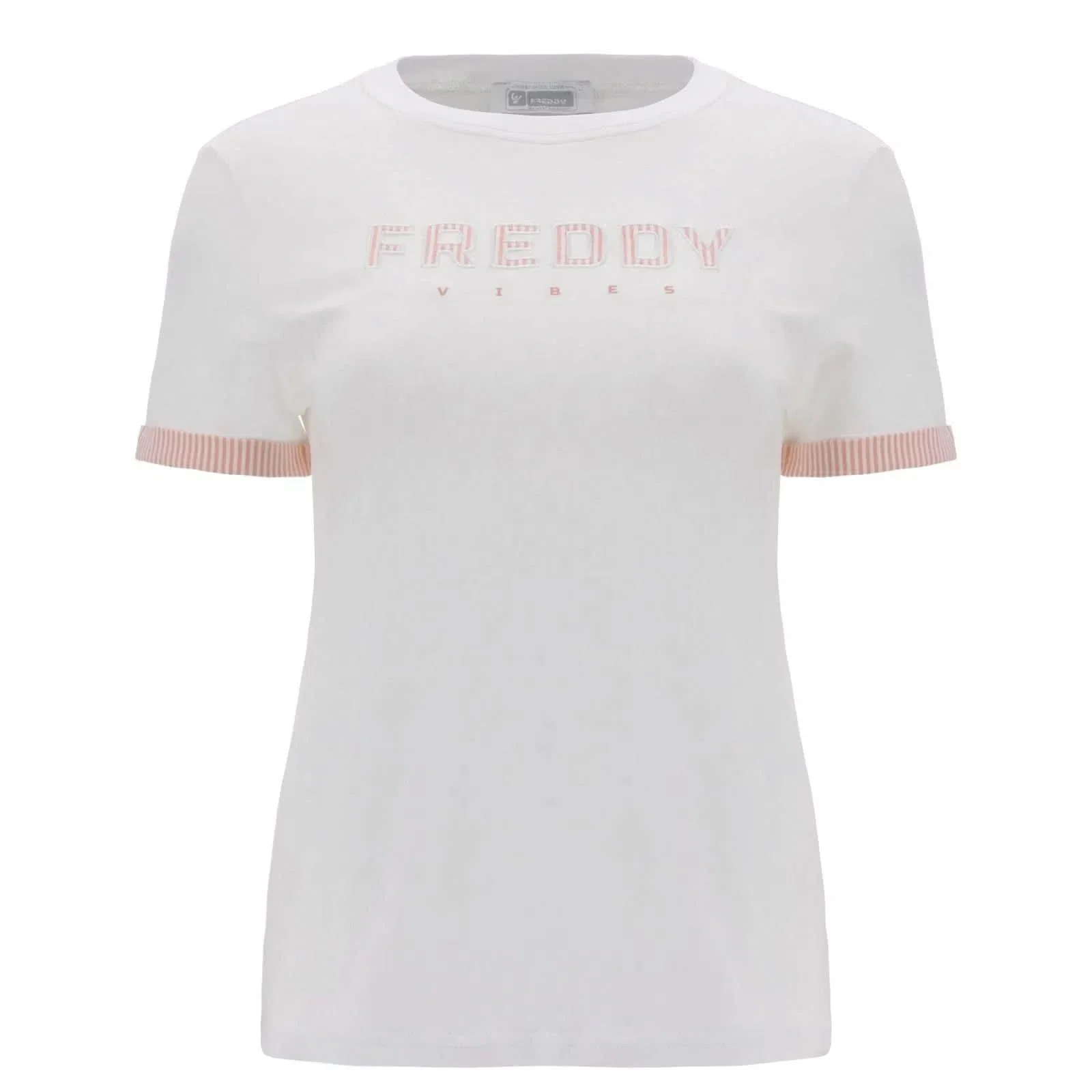 T Shirt with Striped Trim - White + Pink - Image 4