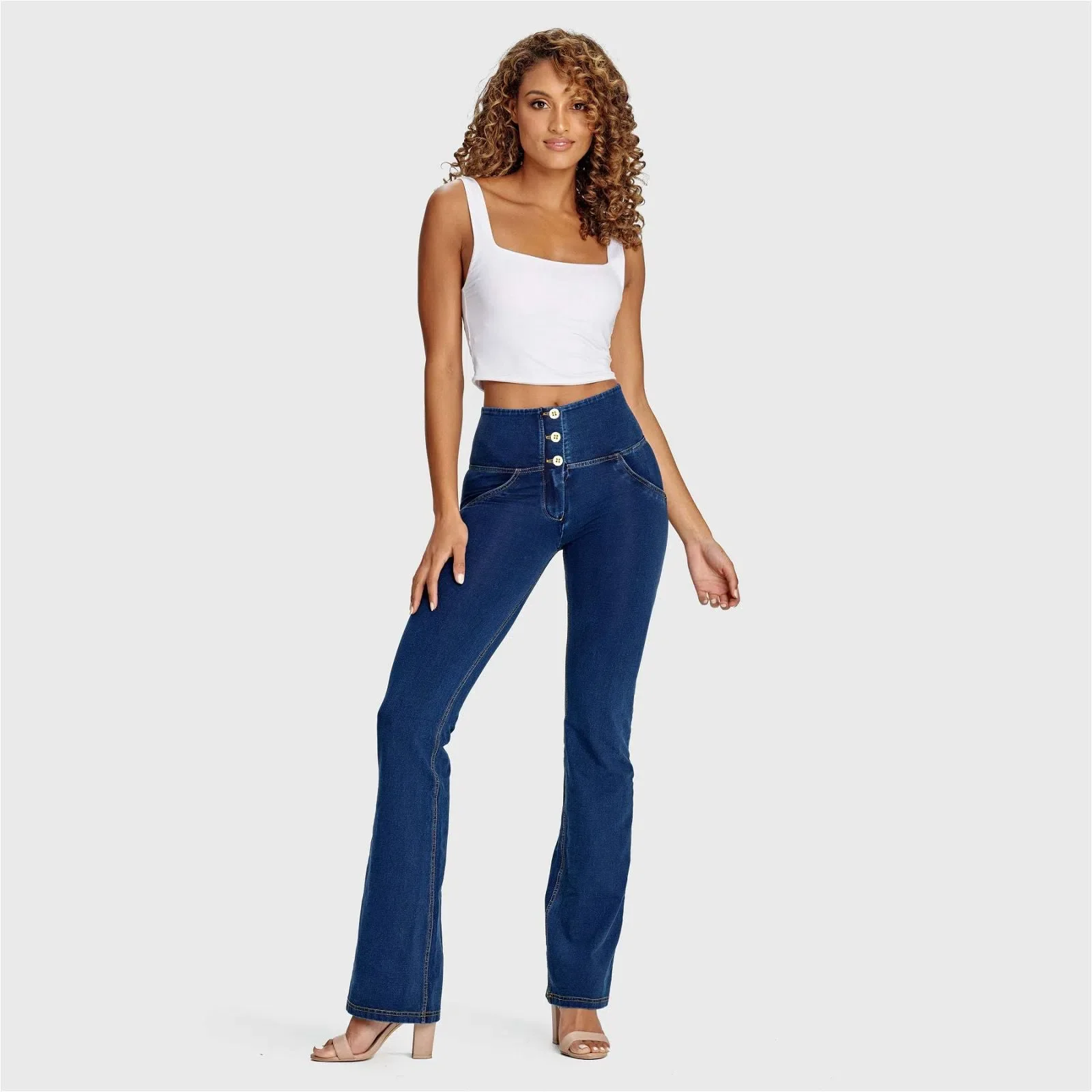WRUP Denim - High Waisted - Bell Bottom Flare - Dark Blue + Yellow Stitching - Image 3