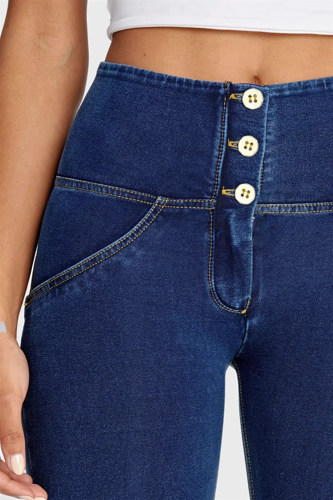 WRUP Denim - High Waisted - Bell Bottom Flare - Dark Blue + Yellow Stitching - Image 7