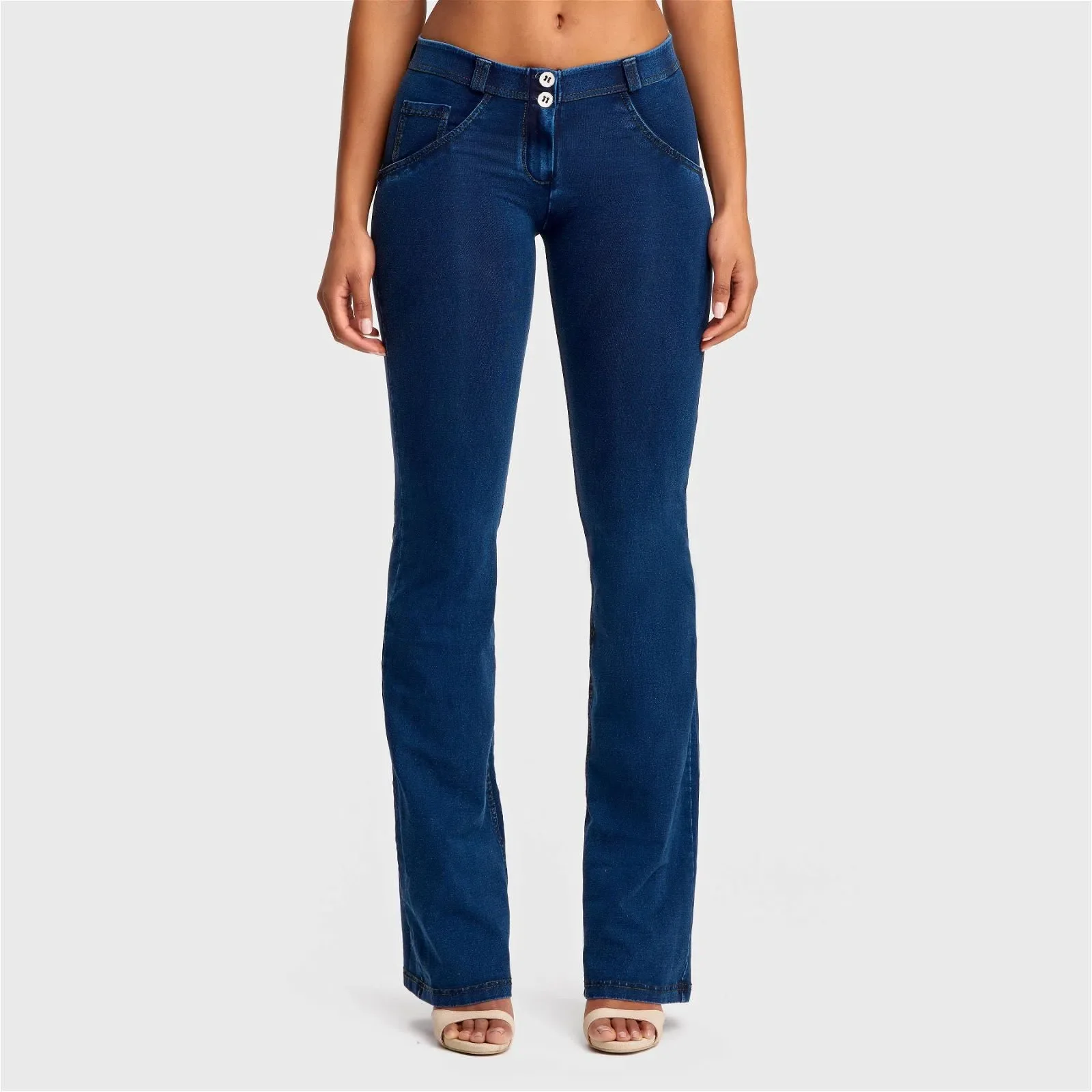 WRUP Denim - Mid Rise - Bell Bottom Flare - Dark Blue + Yellow Stitching - Image 5
