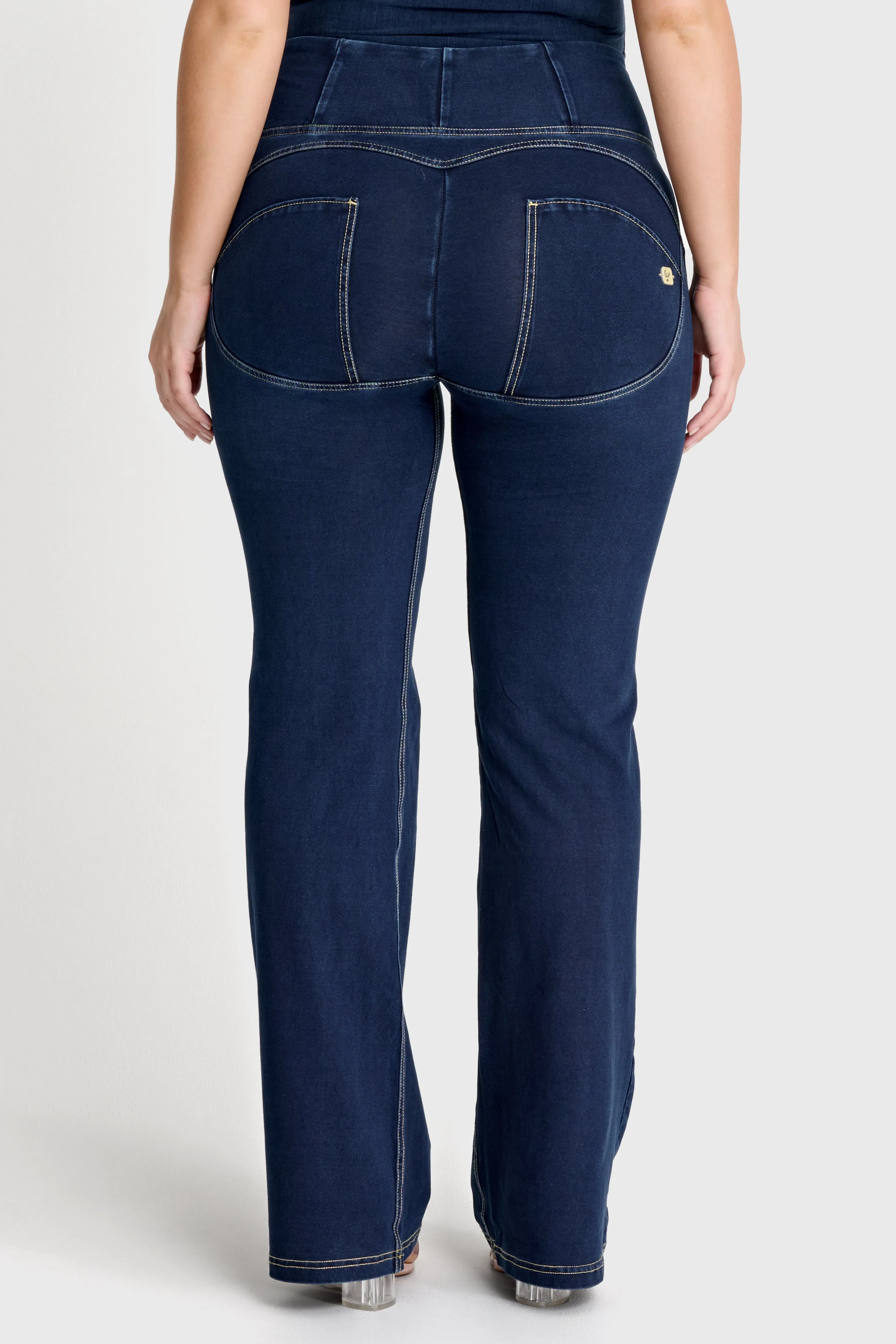 WRUP Denim with Front Pockets - Super High Waisted - Flare - Dark Blue + Beige Stitching - Image 3