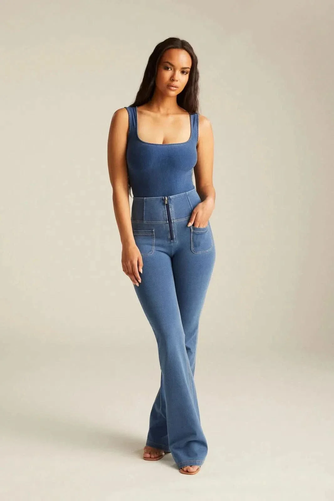 WRUP Front Pocket Denim - High Waisted - Flare - Light Blue + Beige Stitching