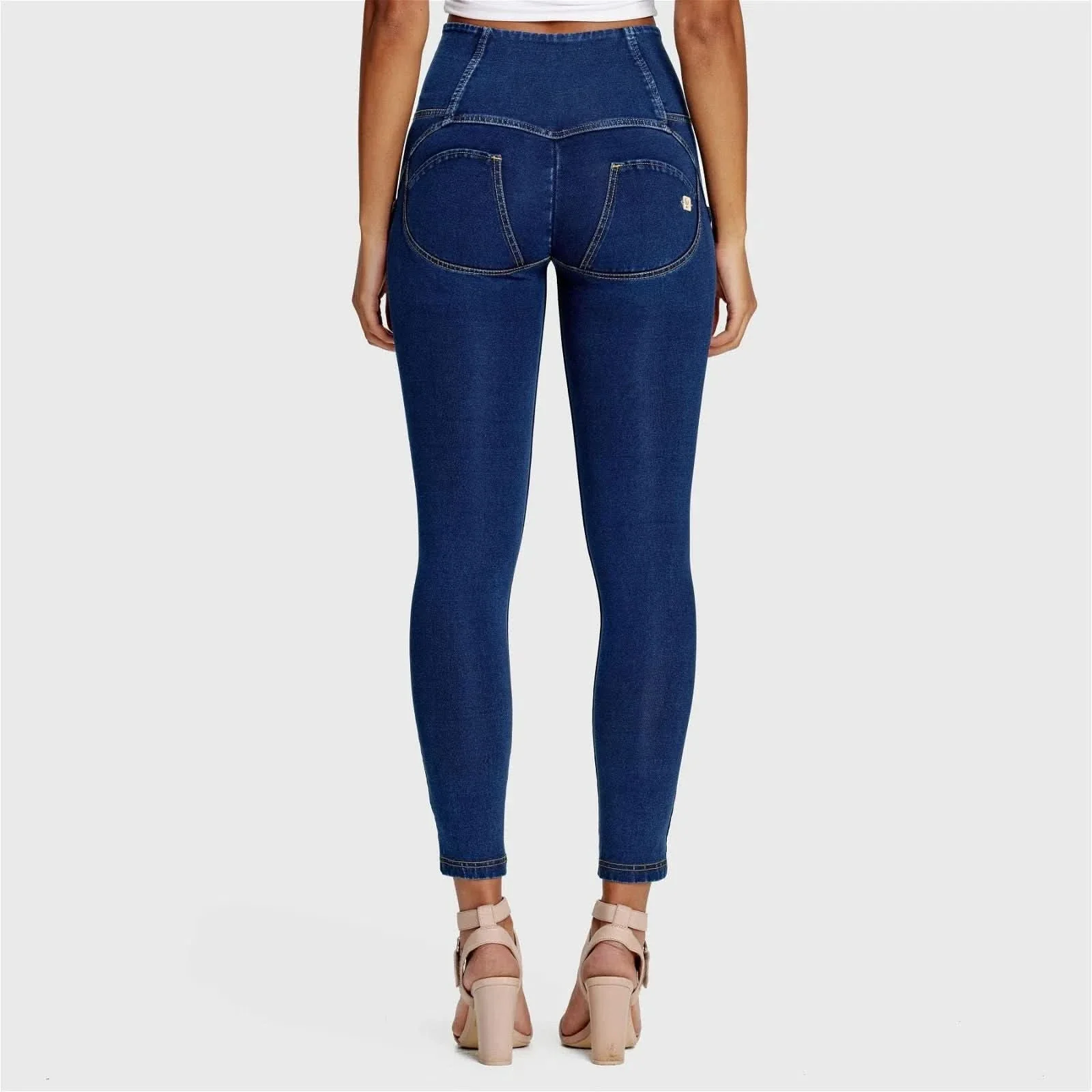 WRUP Denim - 3 Button High Waisted - 7/8 Length - Dark Blue + Yellow Stitching - Image 3