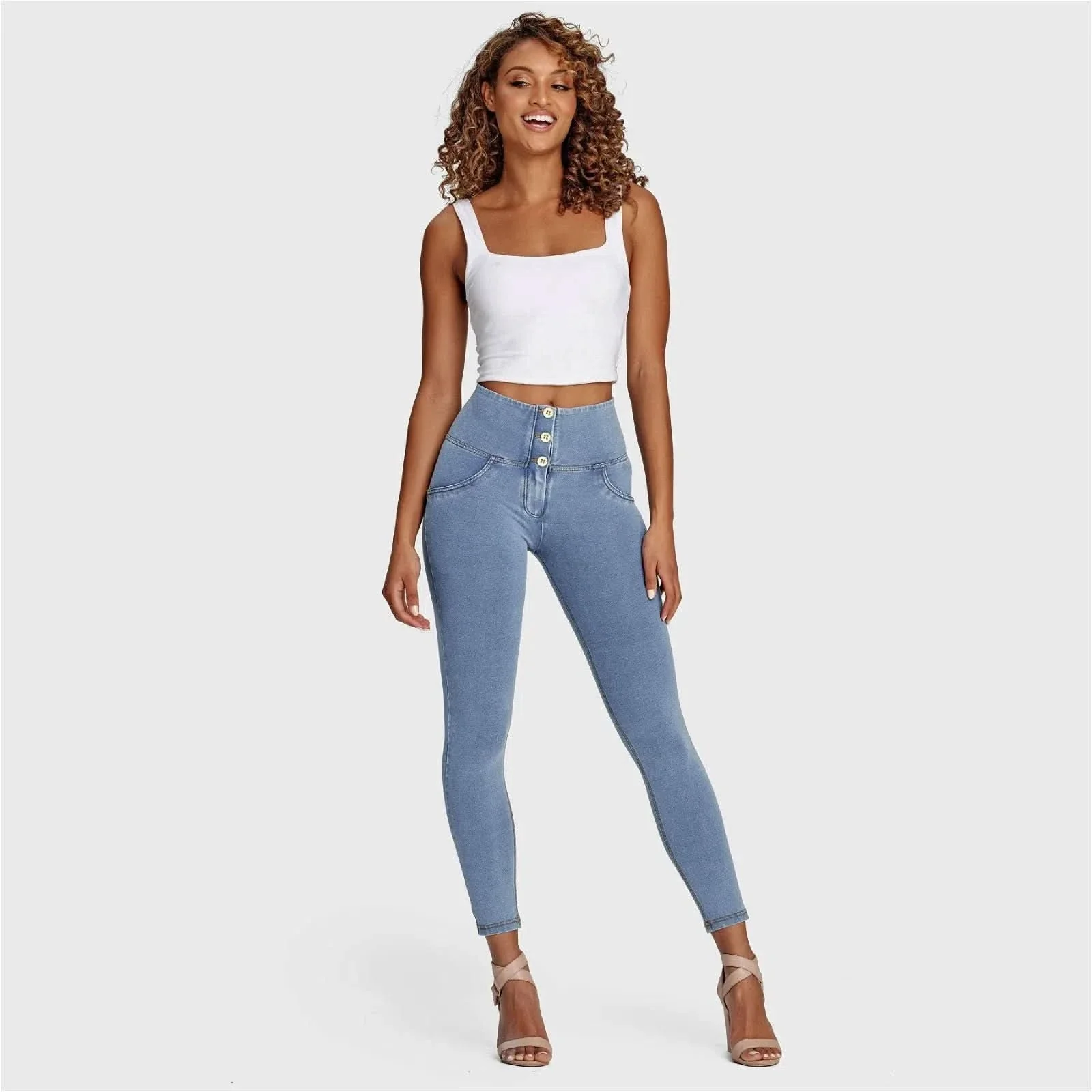 WRUP Denim - 3 Button High Waisted - 7/8 Length - Light Blue + Yellow Stitching - Image 10