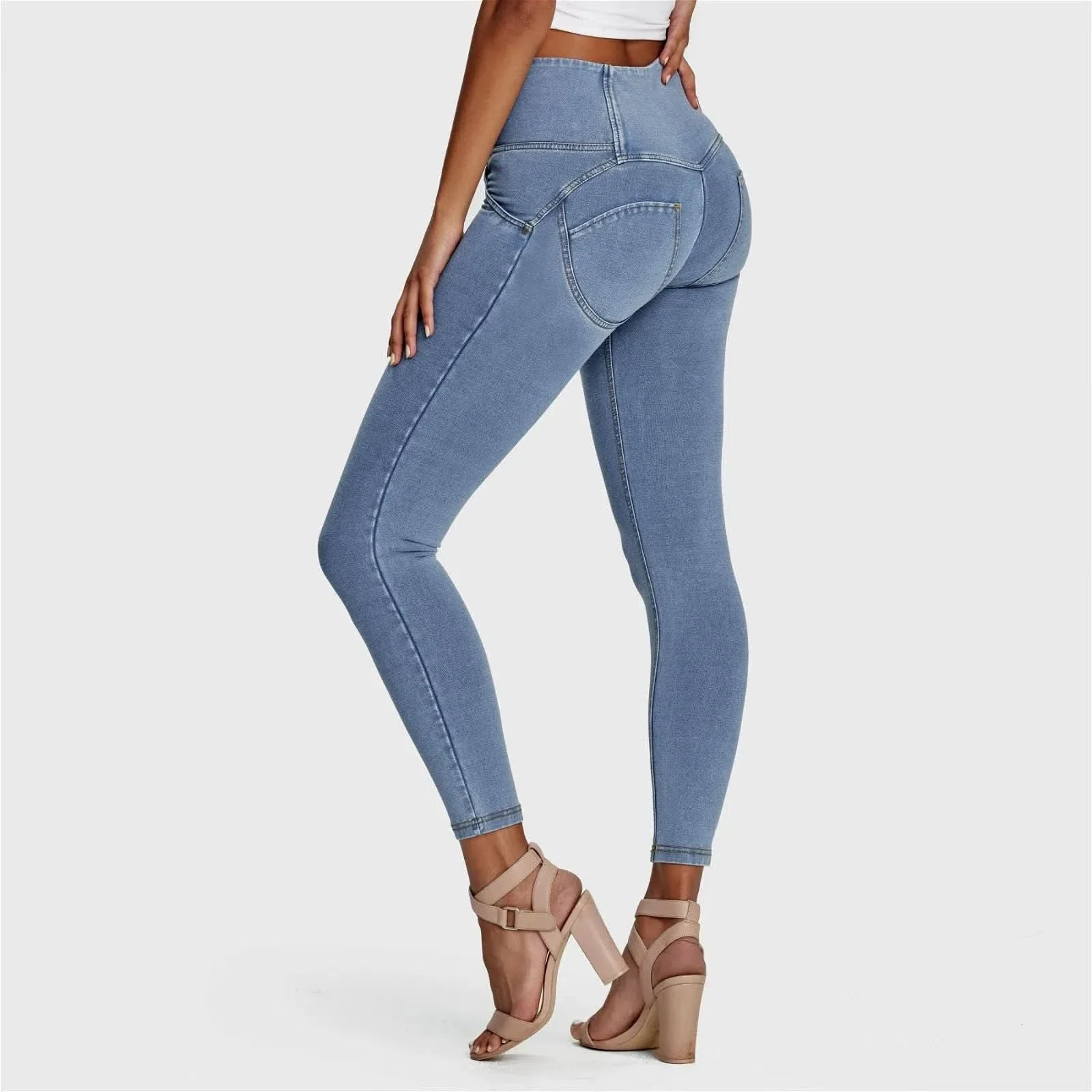 WRUP Denim - 3 Button High Waisted - 7/8 Length - Light Blue + Yellow Stitching - Image 12