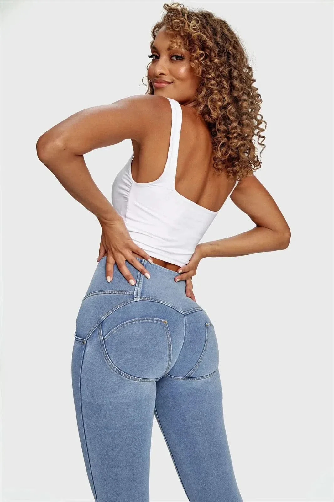 WRUP Denim - 3 Button High Waisted - 7/8 Length - Light Blue + Yellow Stitching - Image 4