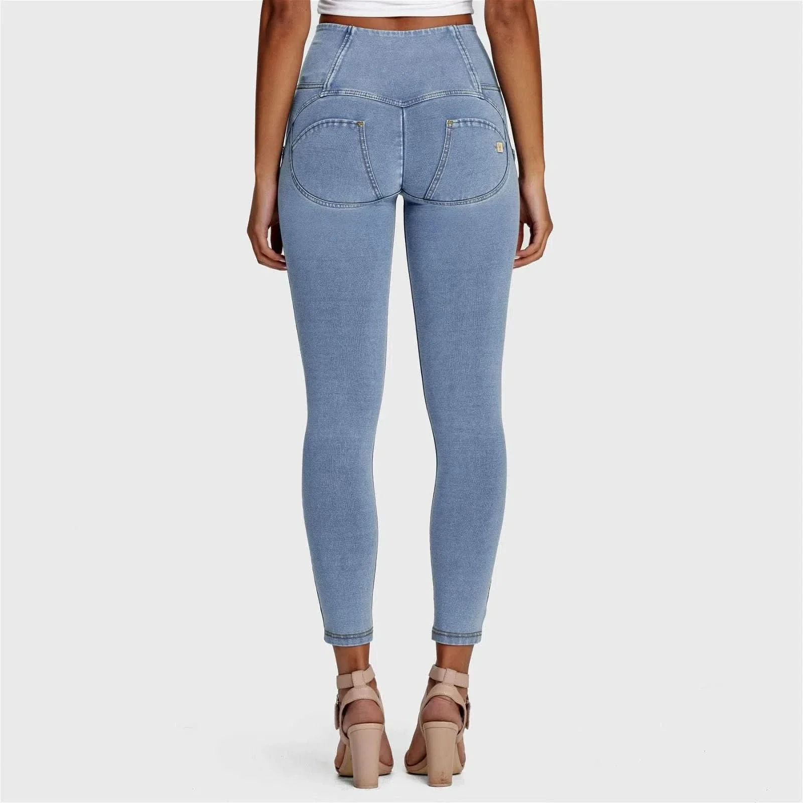 WRUP Denim - 3 Button High Waisted - 7/8 Length - Light Blue + Yellow Stitching - Image 5