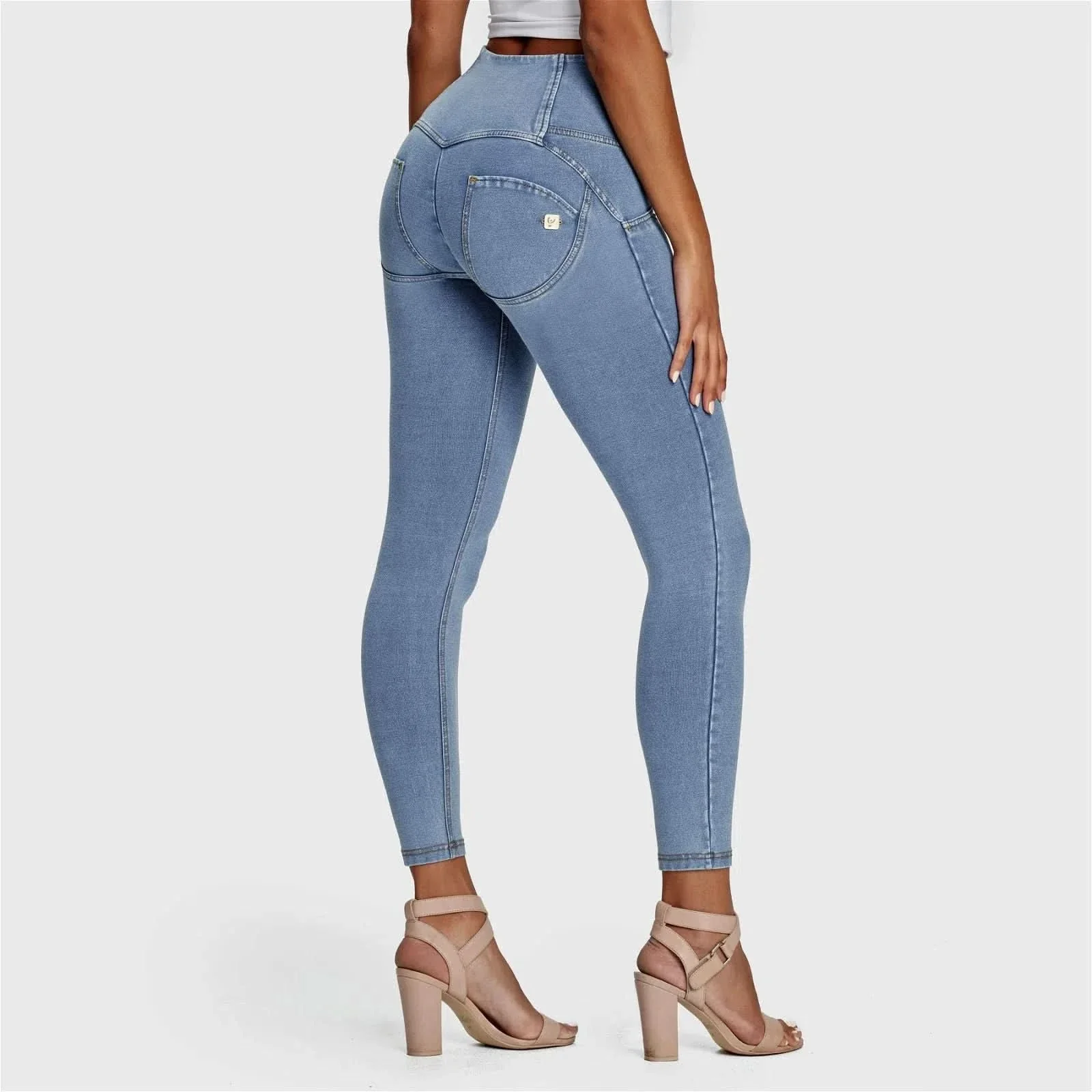 WRUP Denim - 3 Button High Waisted - 7/8 Length - Light Blue + Yellow Stitching - Image 6