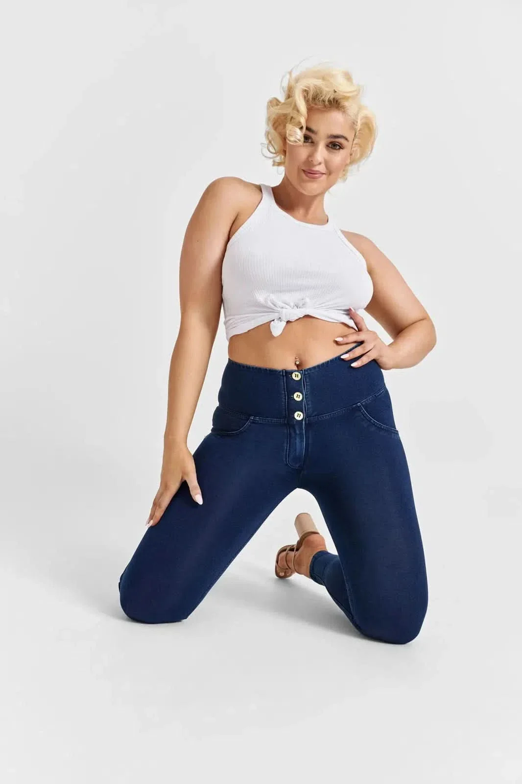 WRUP Denim - 3 Button High Waisted - Full Length - Dark Blue + Blue Stitching - Image 7