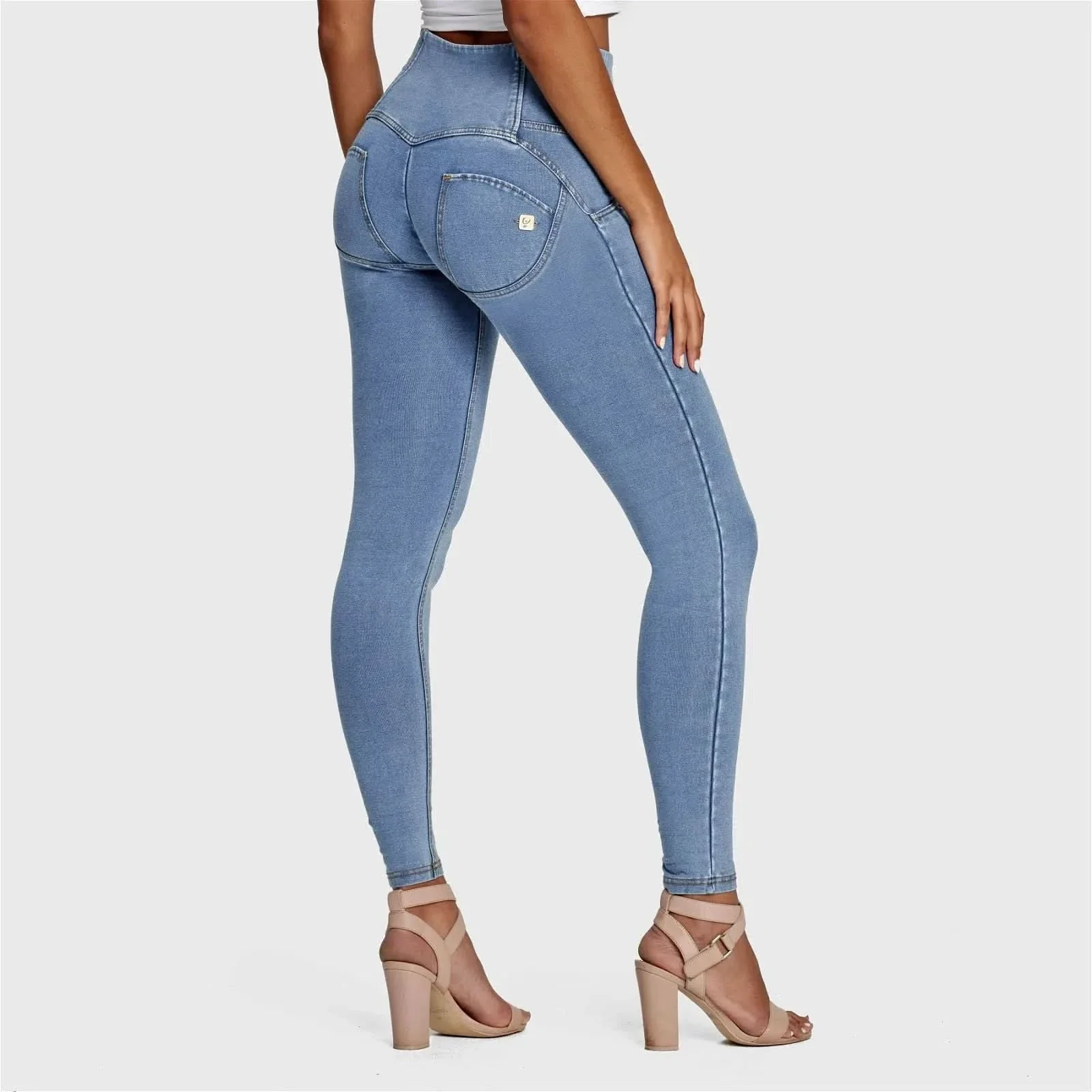 WRUP Denim - 3 Button High Waisted - Full Length - Light Blue + Yellow Stitching - Image 5