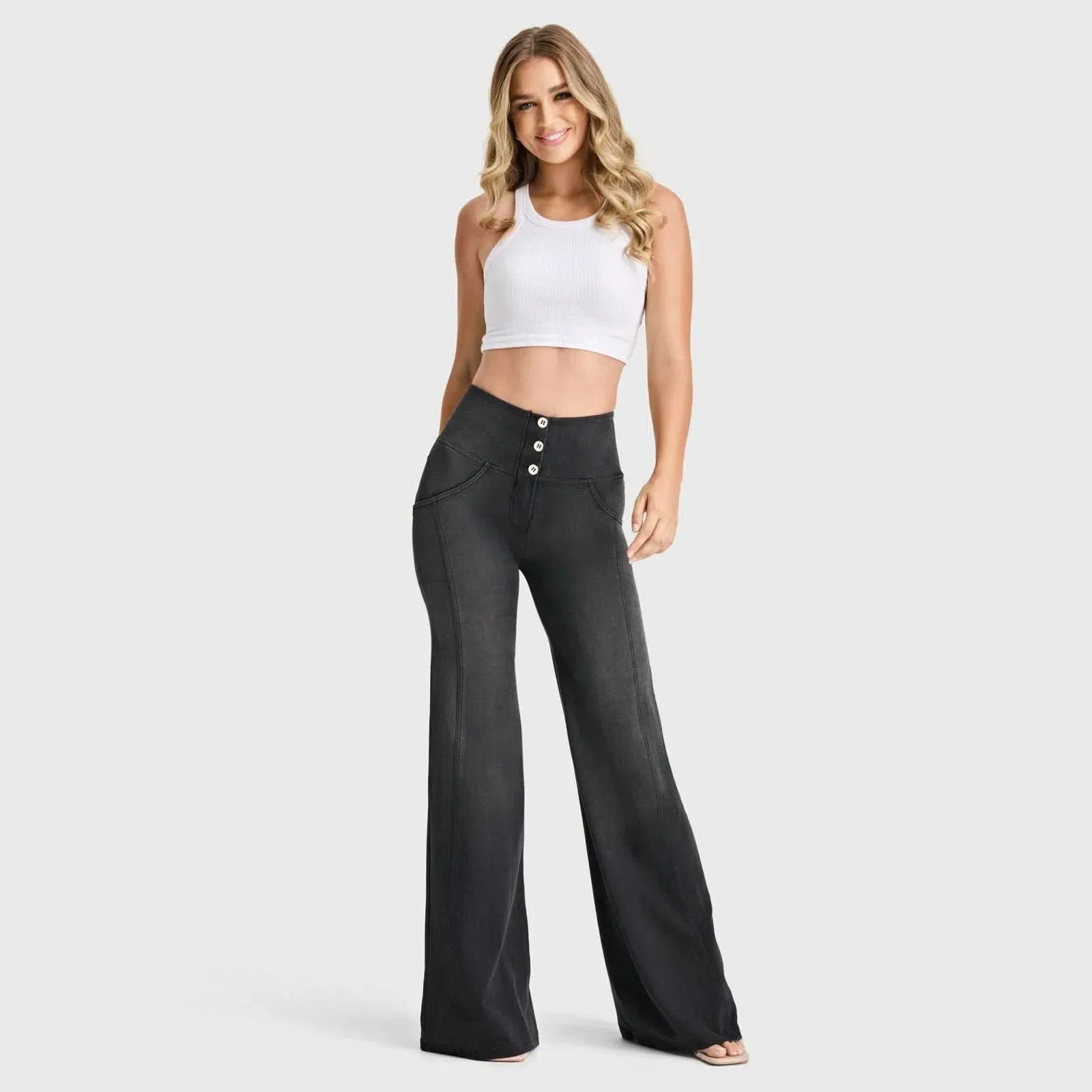 WRUP Denim - 3 Button High Waisted - Palazzo Flare - Black + Black Stitching - Image 6