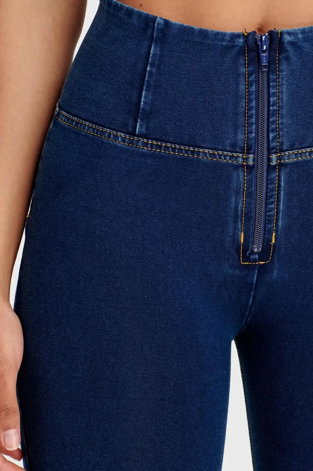 WRUP Denim - High Waisted - 7/8 Length - Dark Blue + Yellow Stitching - Image 9
