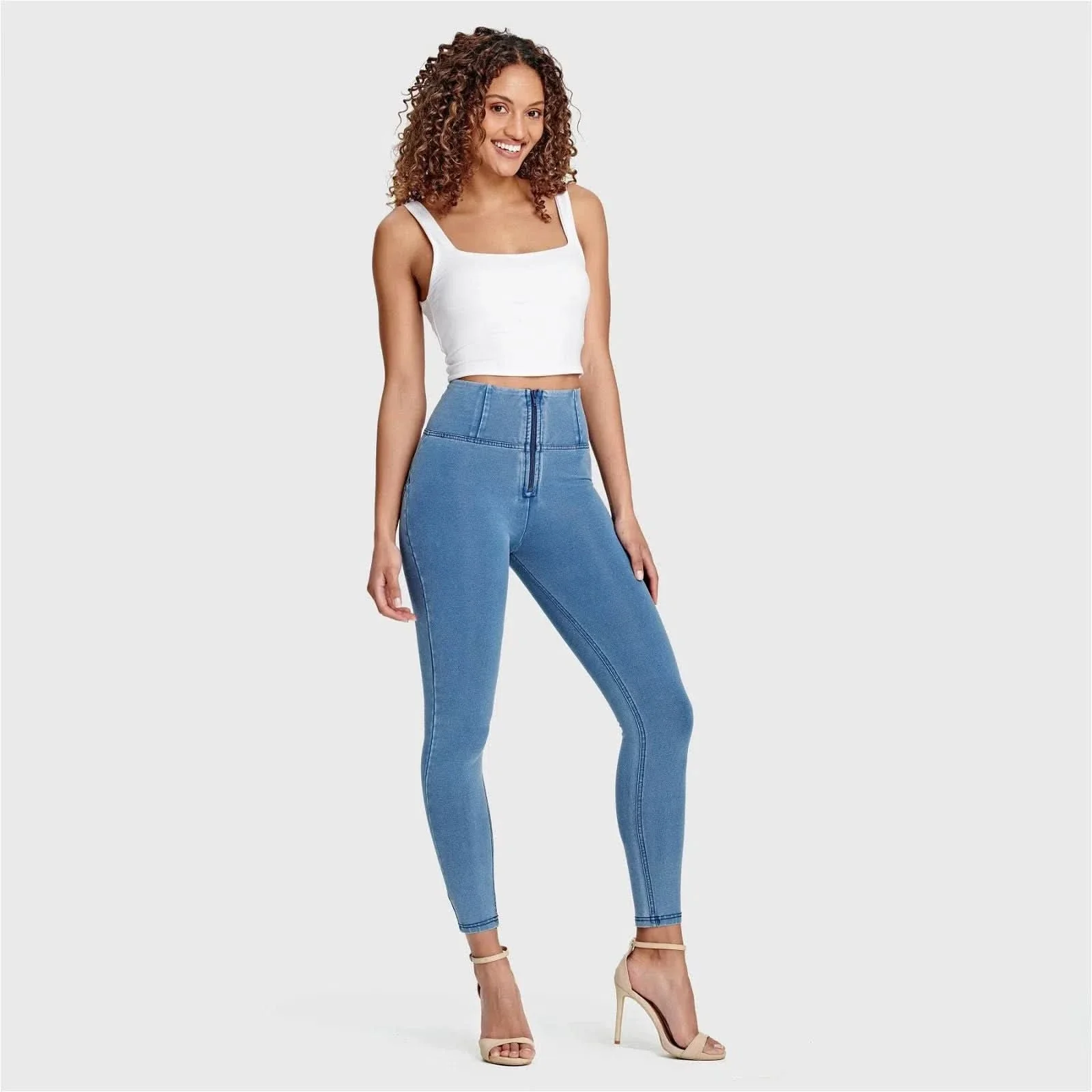 WRUP Denim - High Waisted - 7/8 Length - Light Blue + Blue Stitching - Image 6