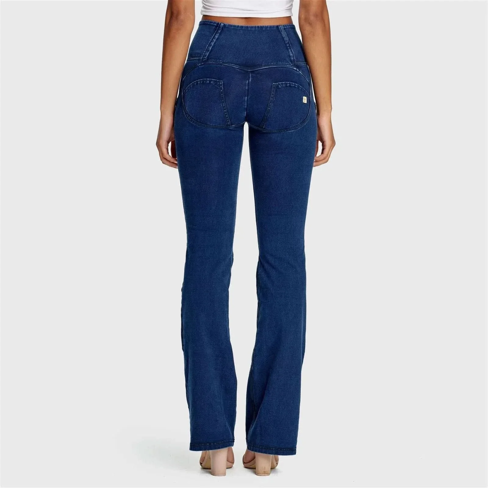WRUP Denim - High Waisted - Bell Bottom Flare - Dark Blue + Blue Stitching - Image 3