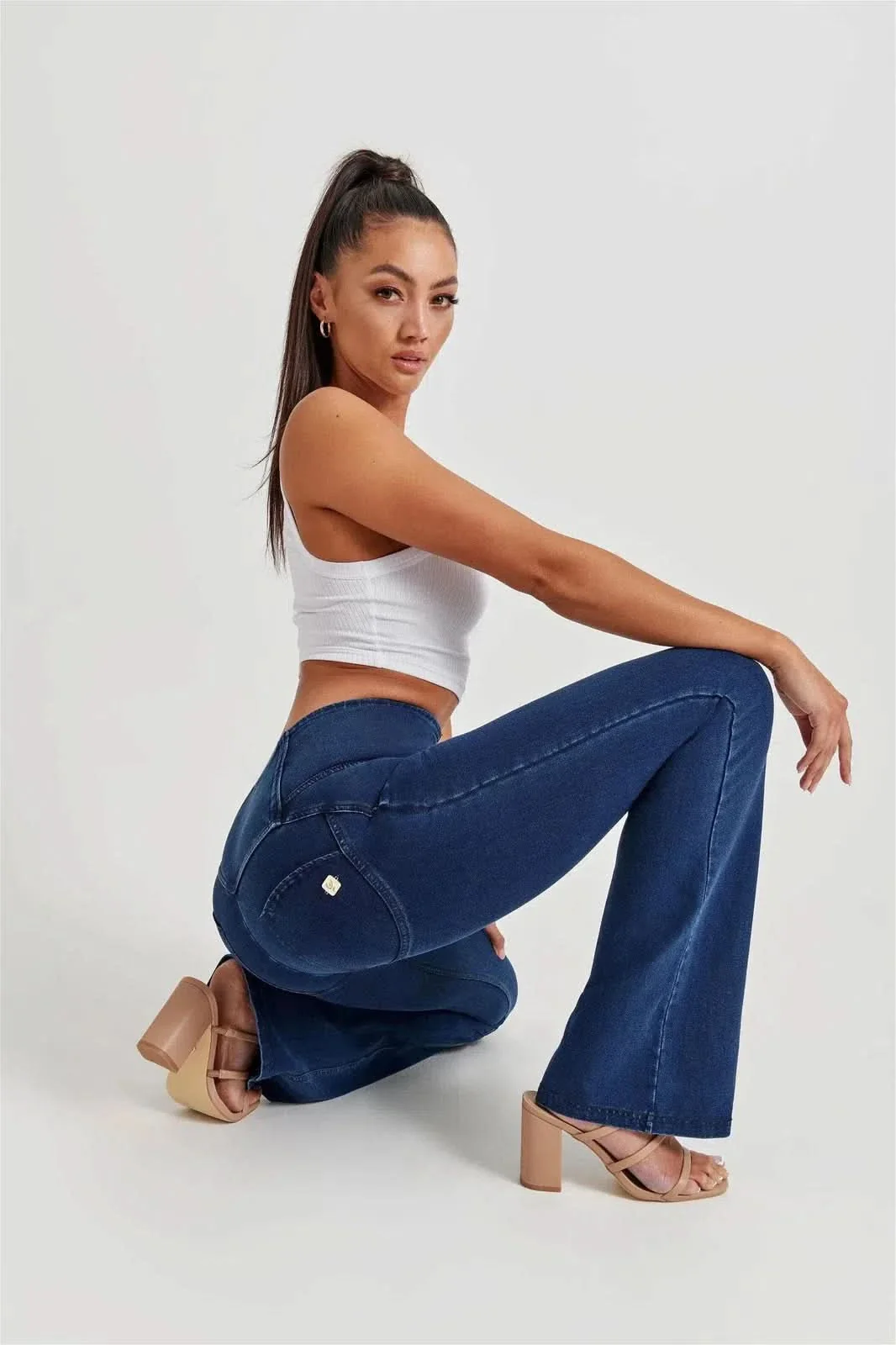 WRUP Denim - High Waisted - Bell Bottom Flare - Dark Blue + Blue Stitching - Image 6