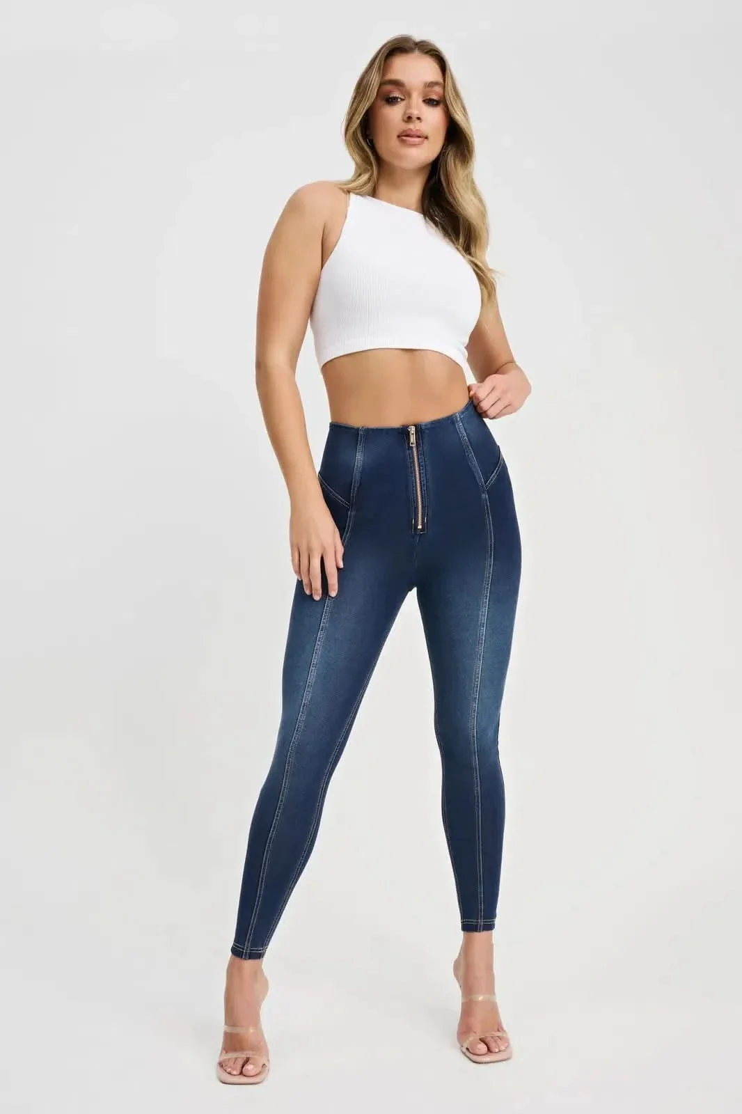 WRUP Denim with Feature Seam - High Waisted - 7/8 Length - Dark Blue + Beige Stitching - Image 3