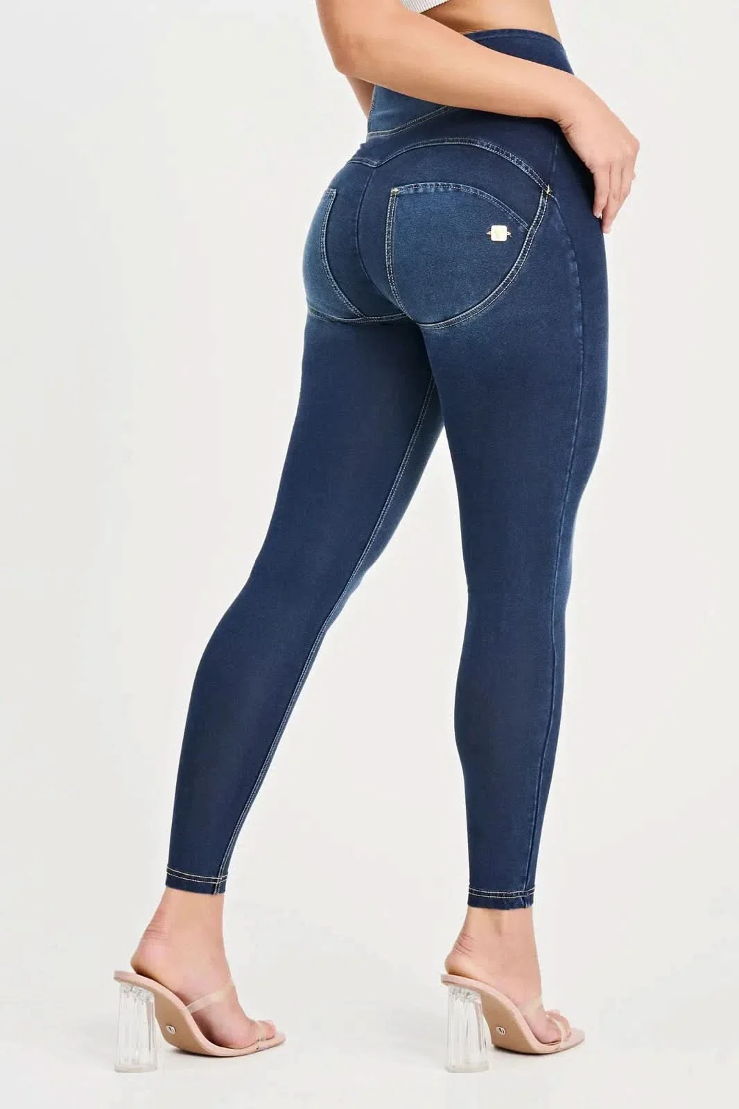WRUP Denim with Feature Seam - High Waisted - 7/8 Length - Dark Blue + Beige Stitching - Image 7