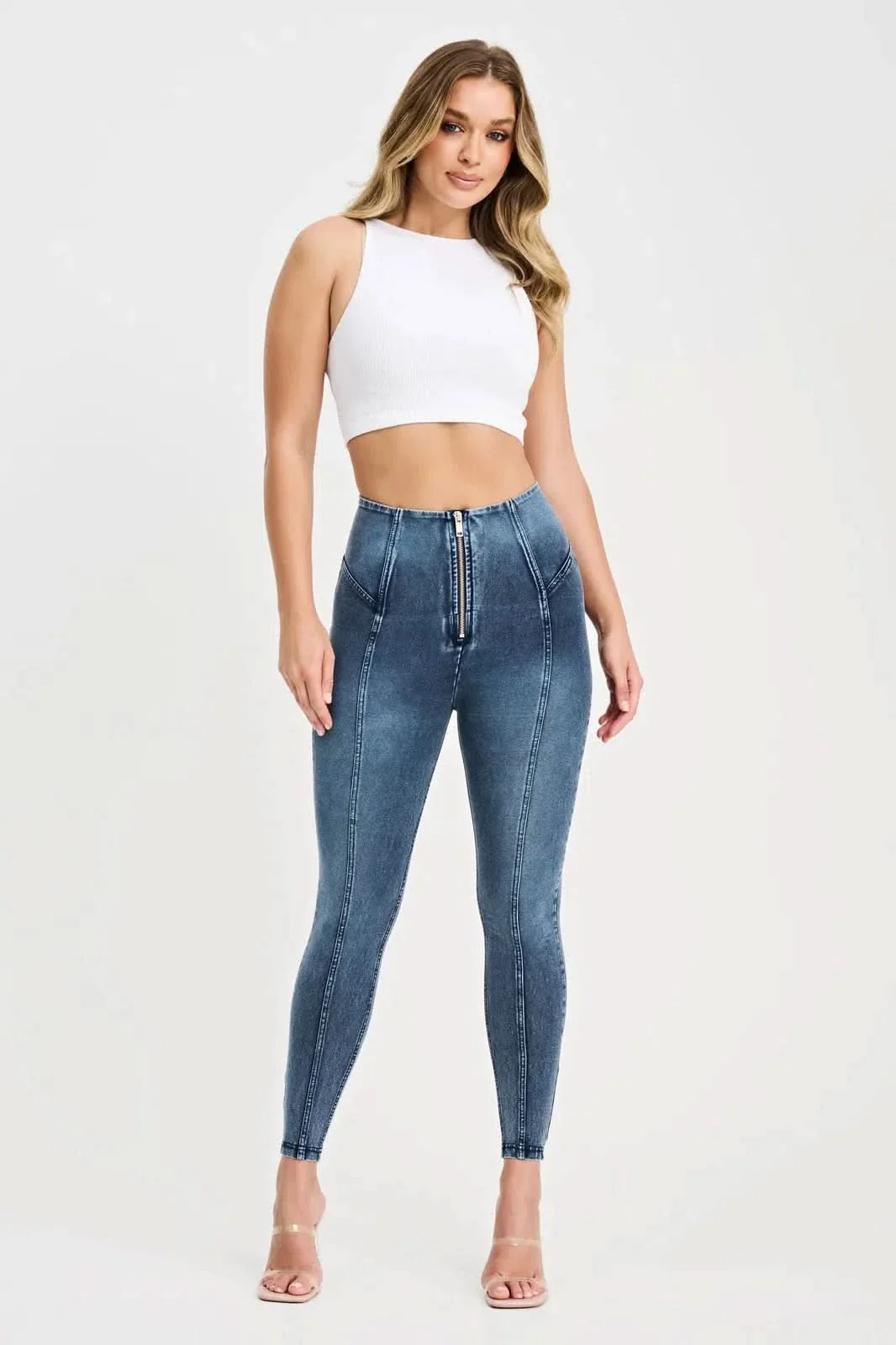 WRUP Denim with Feature Seam - High Waisted - 7/8 Length - Vintage Blue + Blue Stitching - Image 3