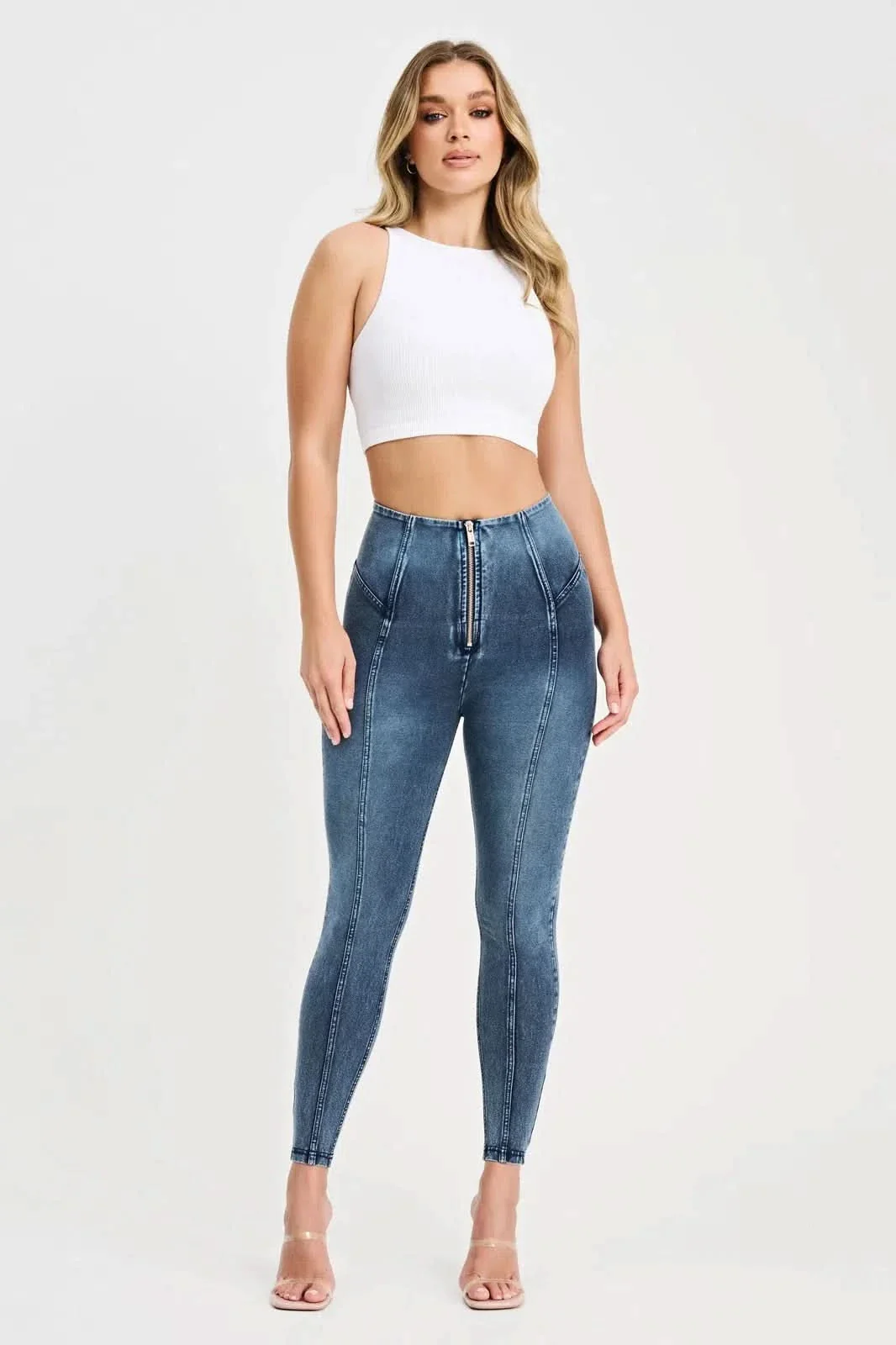WRUP Denim with Feature Seam - High Waisted - 7/8 Length - Vintage Blue + Blue Stitching - Image 7