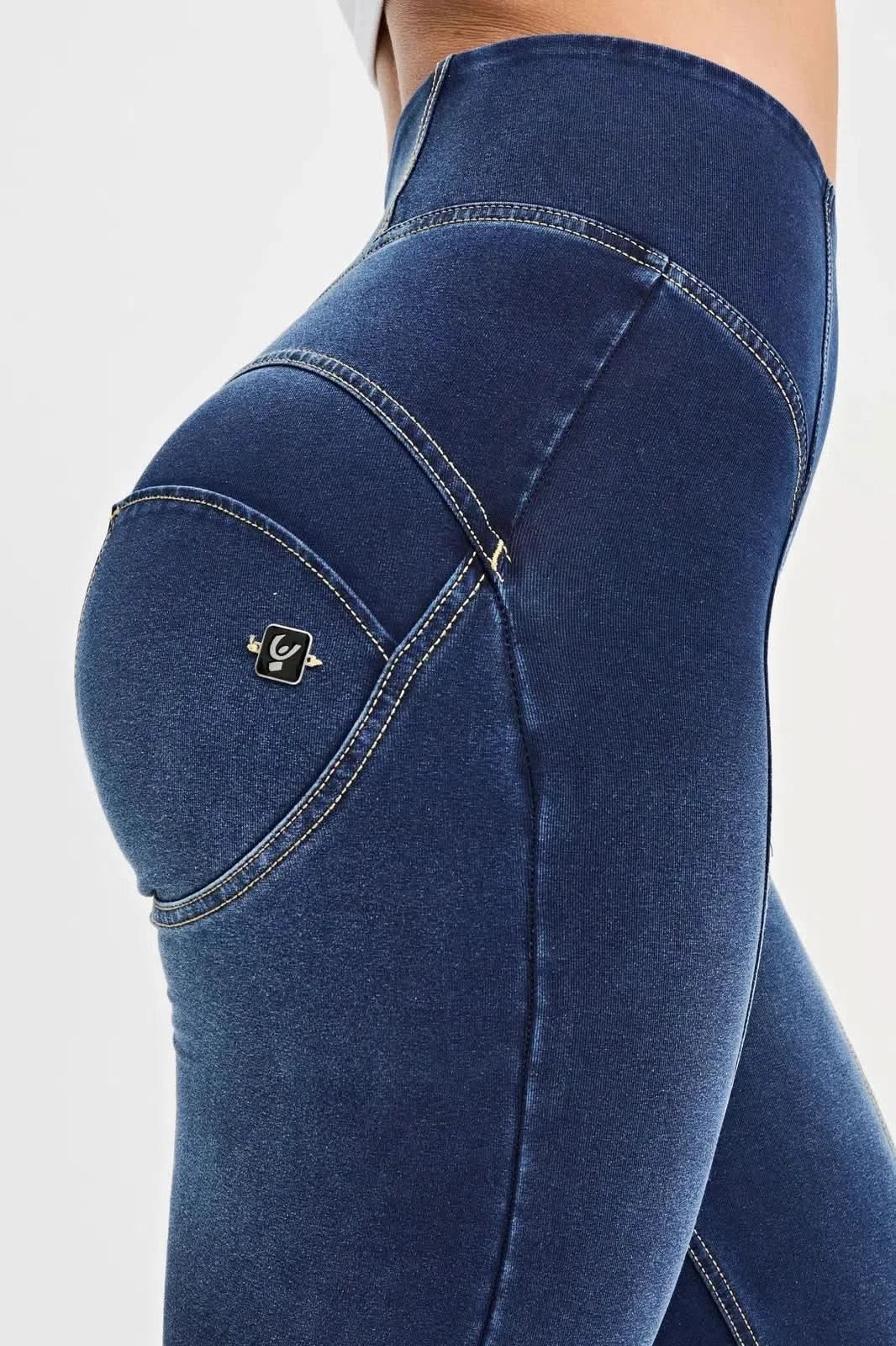 WRUP Denim with Feature Seam - High Waisted - Bell Bottom Flare - Dark Blue + Beige Stitching - Image 11