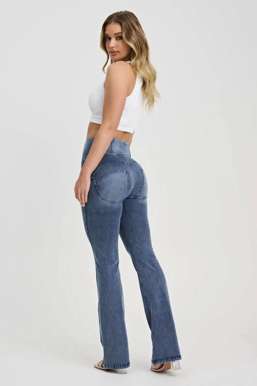 WRUP Denim with Feature Seam - High Waisted - Bell Bottom Flare - Vintage Blue + Blue Stitching - Image 3