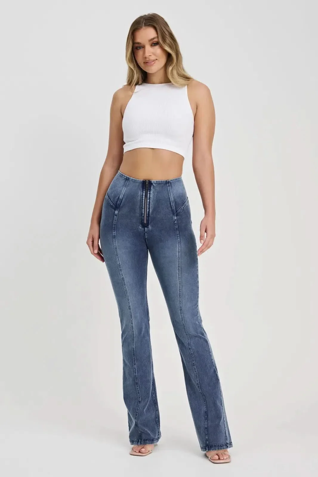 WRUP Denim with Feature Seam - High Waisted - Bell Bottom Flare - Vintage Blue + Blue Stitching - Image 4