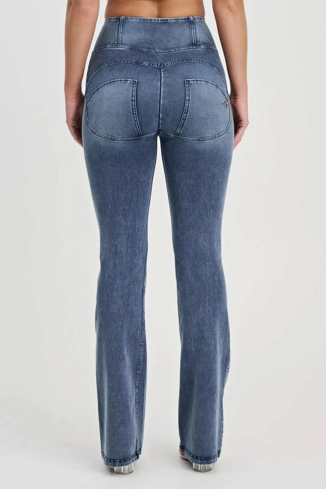 WRUP Denim with Feature Seam - High Waisted - Bell Bottom Flare - Vintage Blue + Blue Stitching - Image 7