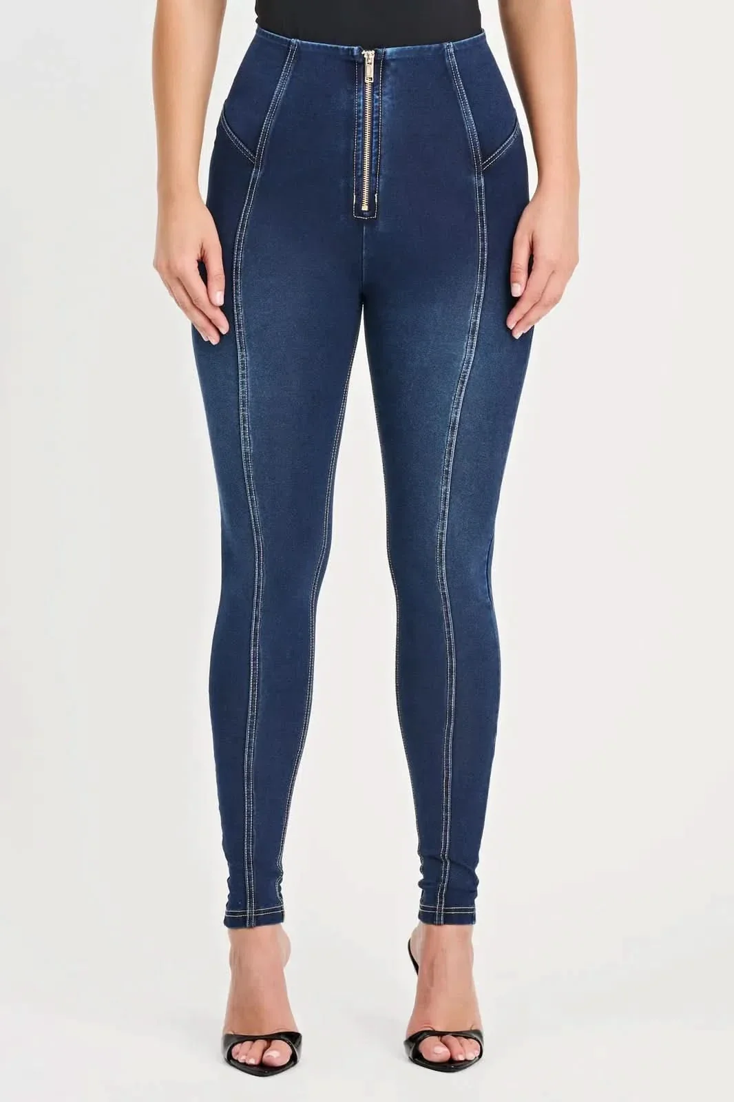WRUP Denim with Feature Seam - High Waisted - Full Length - Dark Blue + Beige Stitching - Image 4