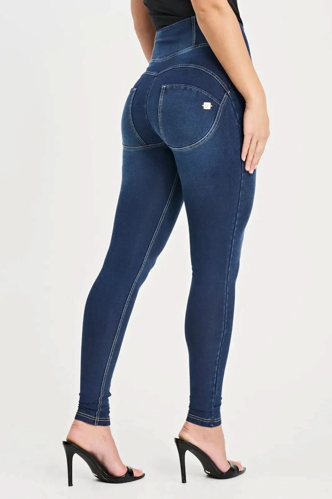 WRUP Denim with Feature Seam - High Waisted - Full Length - Dark Blue + Beige Stitching - Image 5