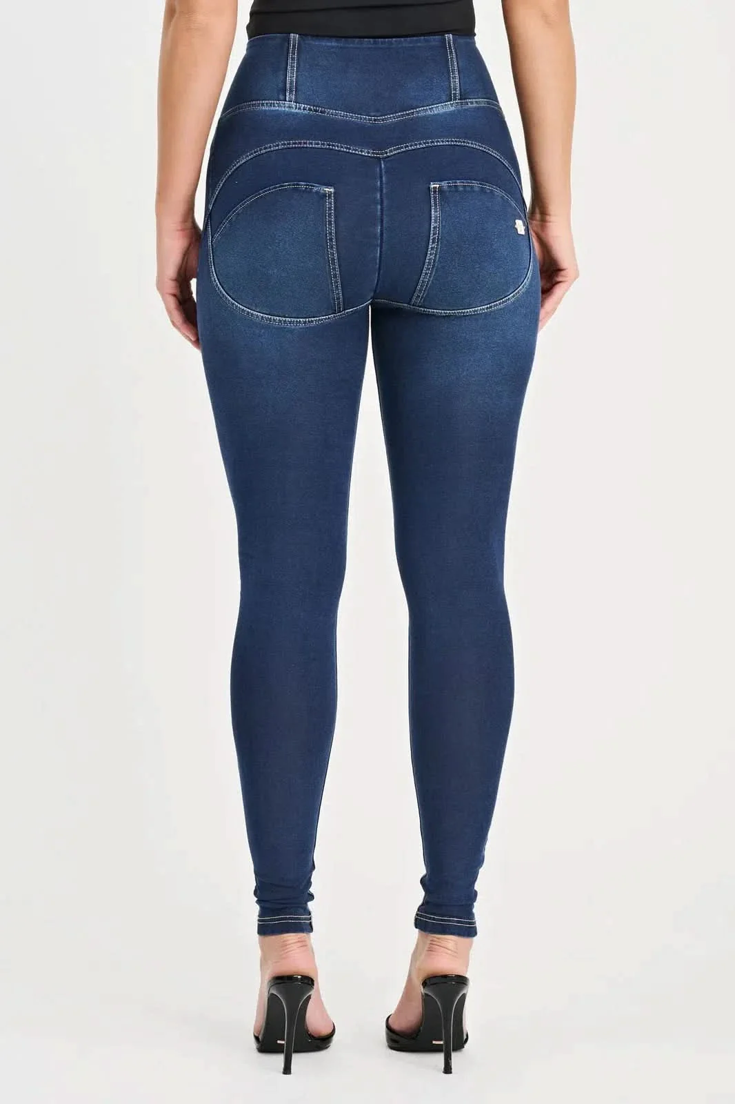 WRUP Denim with Feature Seam - High Waisted - Full Length - Dark Blue + Beige Stitching - Image 6