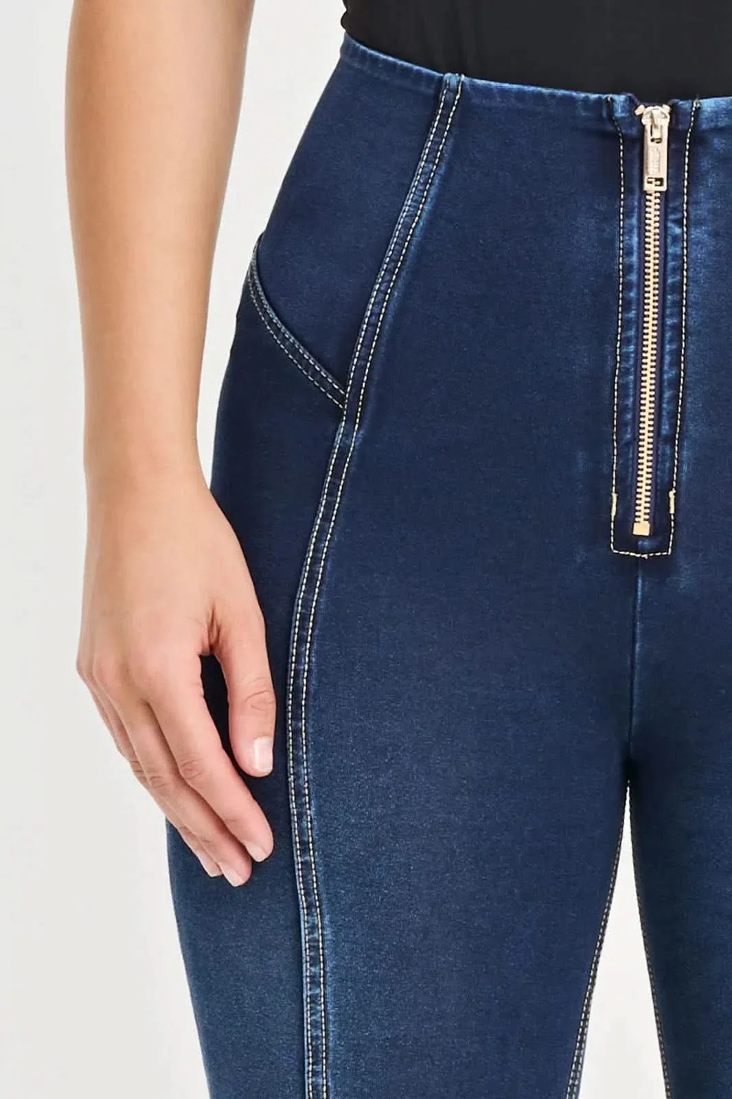 WRUP Denim with Feature Seam - High Waisted - Full Length - Dark Blue + Beige Stitching - Image 7