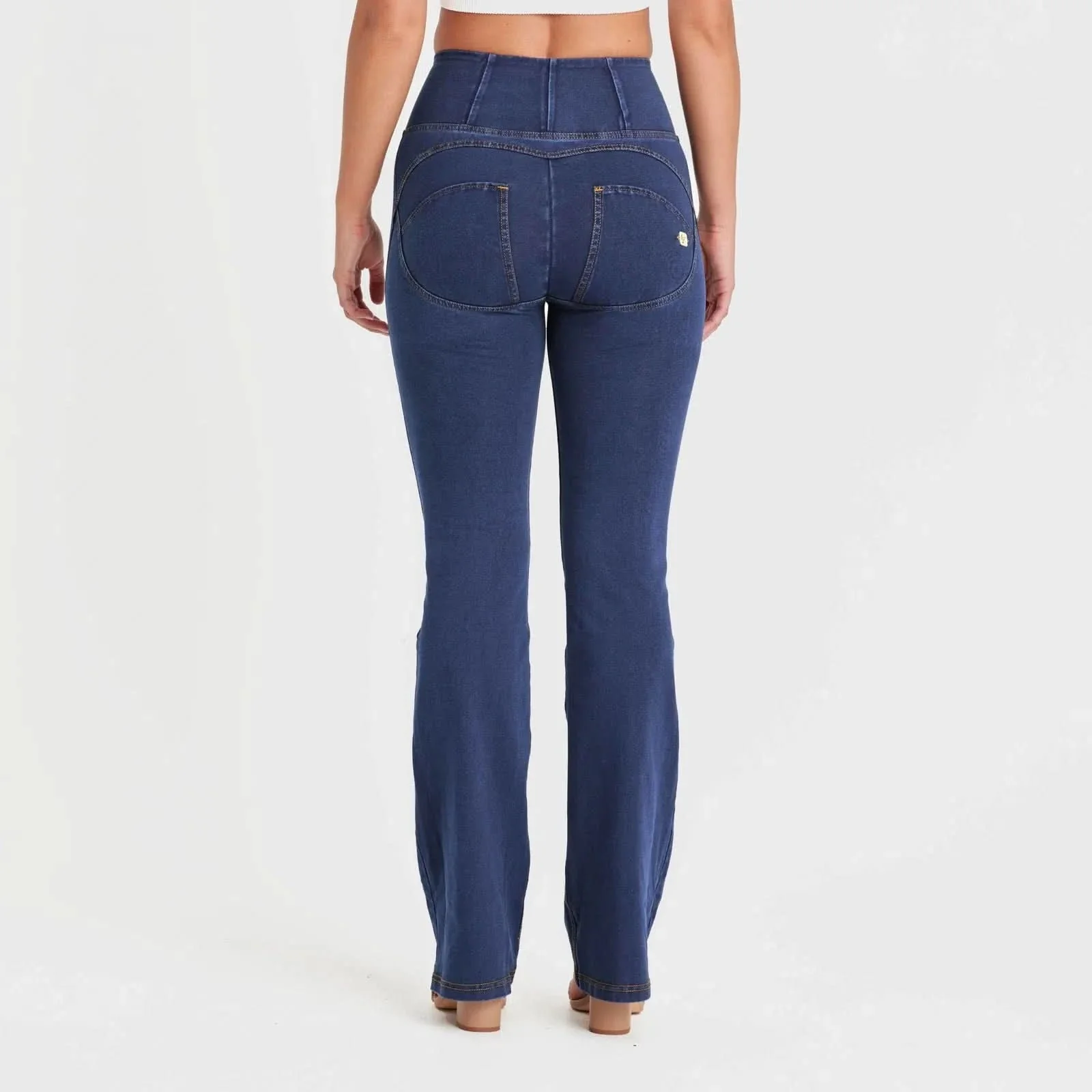WRUP Denim with Front Pockets - Super High Waisted - Flare - Dark Blue + Yellow Stitching - Image 4