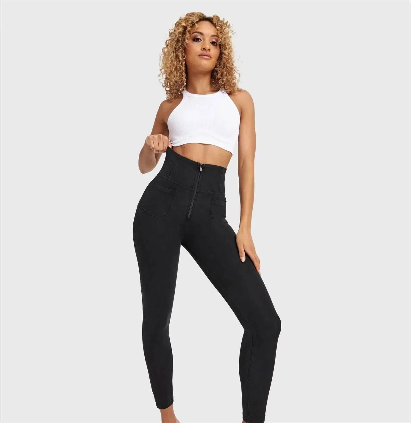 WRUP Denim With Front Pockets - Super High Waisted - 7/8 Length - Black + Black Stitching - Image 7