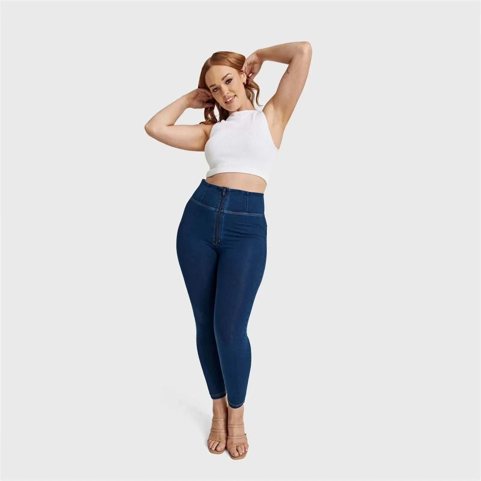 WRUP Curvy Denim - Zip High Waisted - 7/8 Length - Dark Blue + Yellow Stitching - Image 5