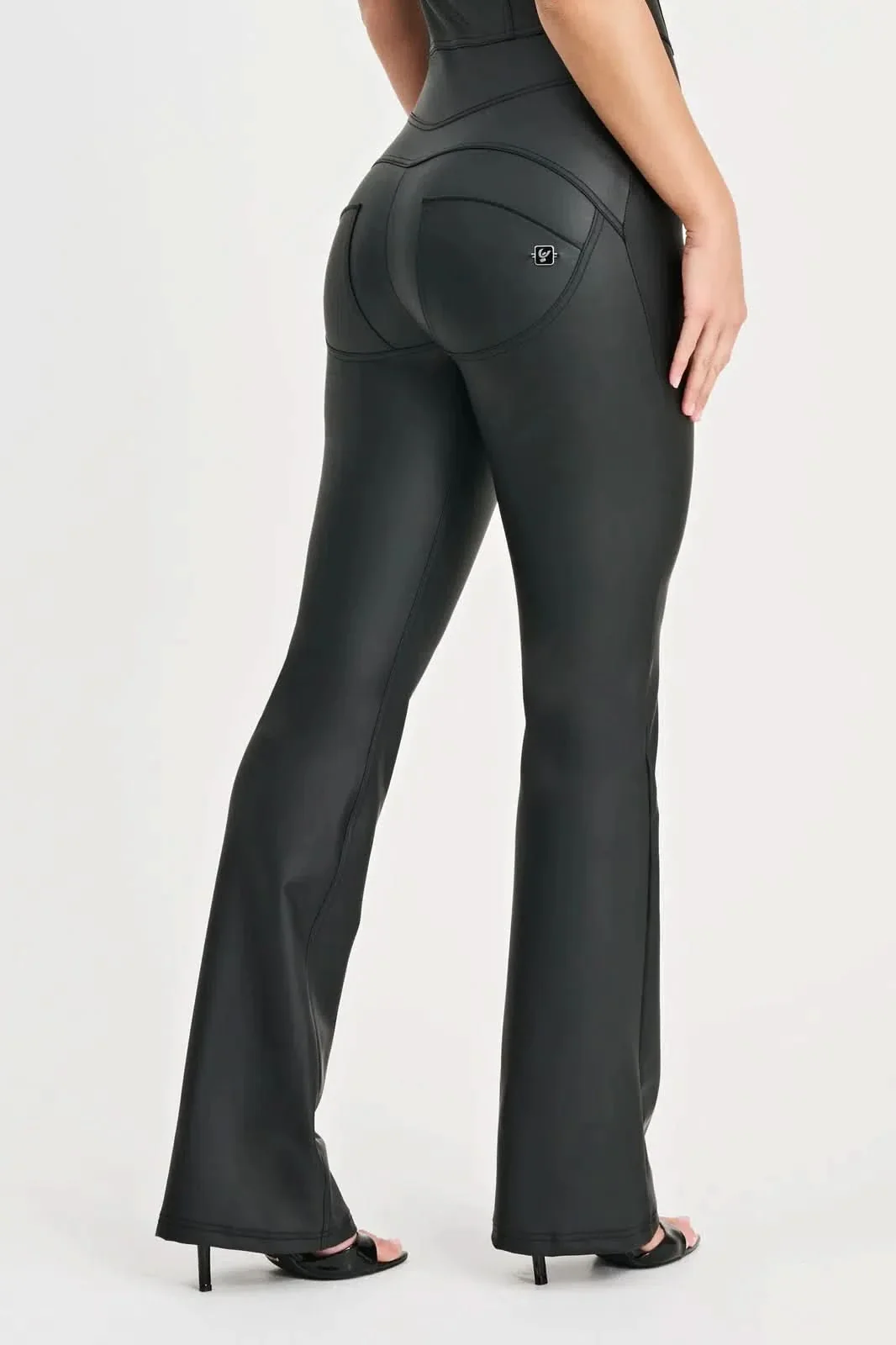 WRUP Faux Leather Jumpsuit - High Waisted - Flare - Black - Image 12